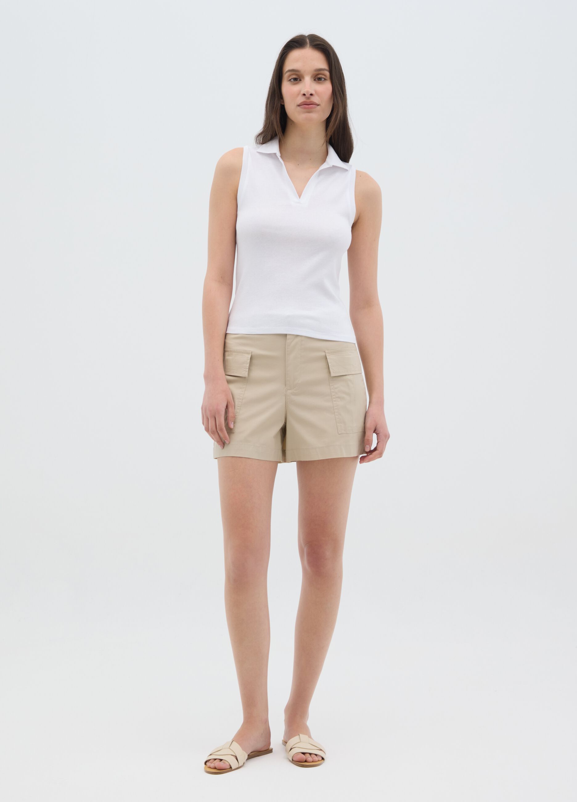 Maglia smanicata da donna in puro cotone bianca slim fit