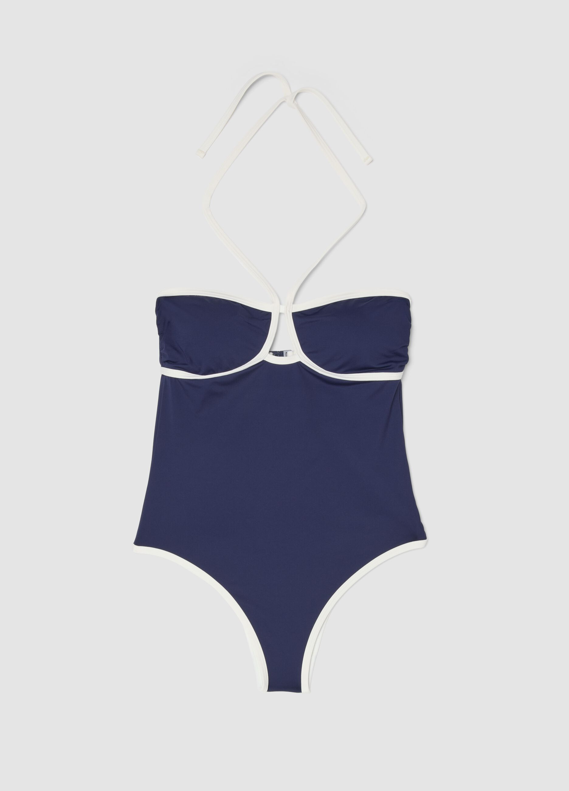 Blue stretch swimsuit with white piping