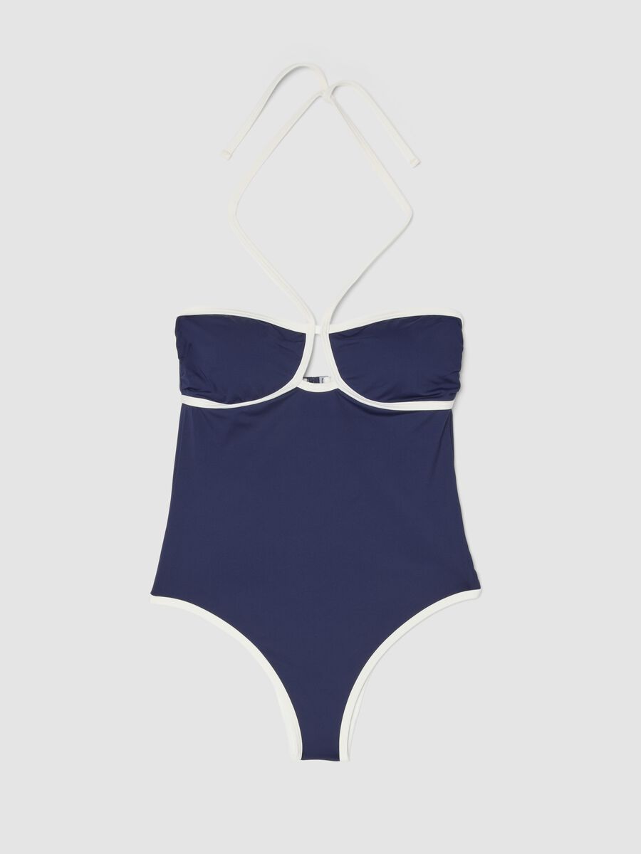 Blue stretch swimsuit with white piping_4