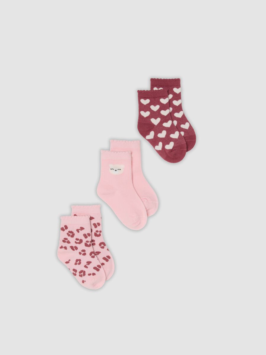 Tripack di calze rosa e rosse in cotone organico elasticizzato con fantasia_0