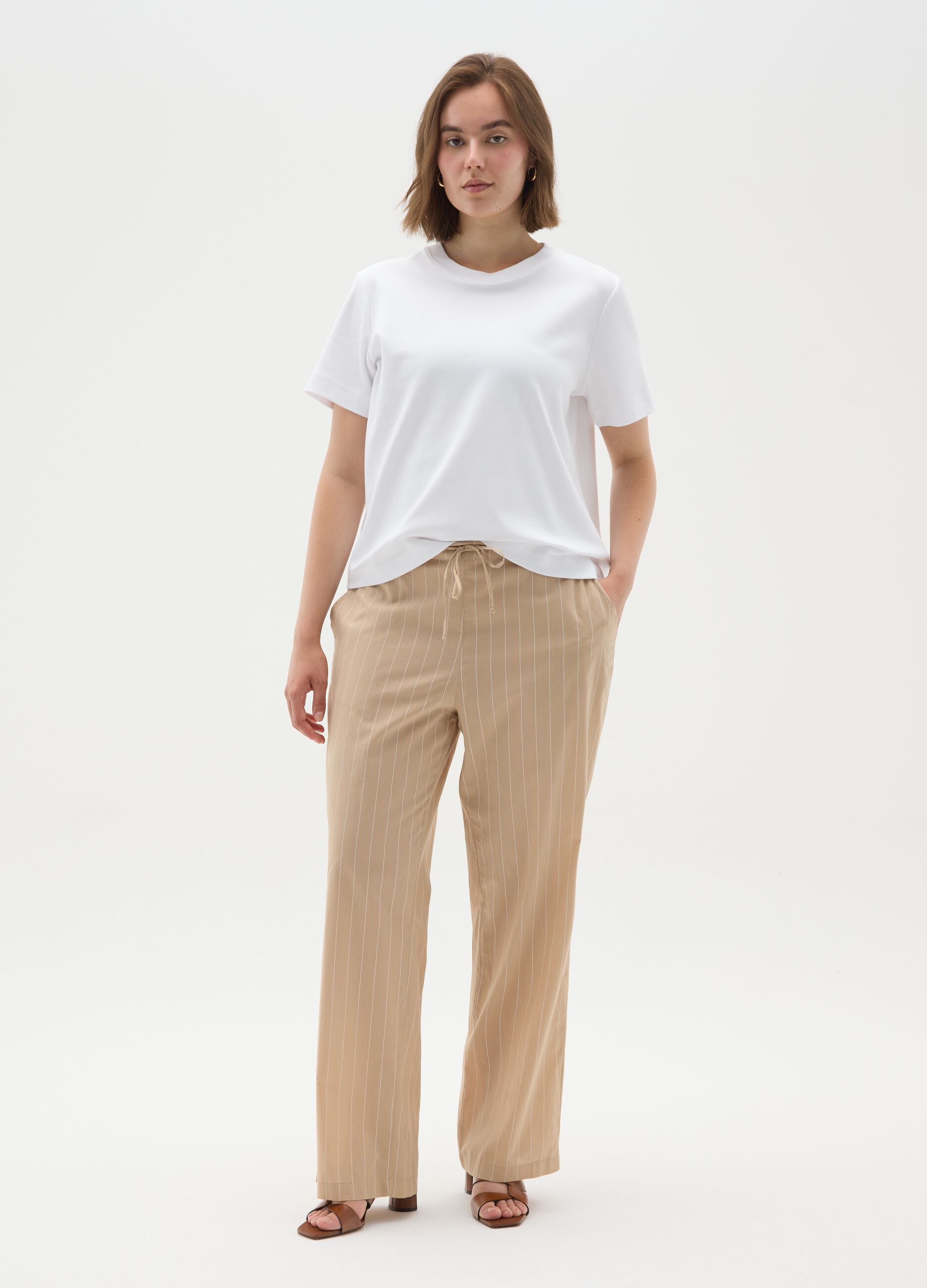 Women's beige pure cotton wide leg trousers