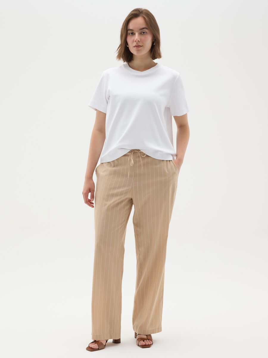 Women's beige pure cotton wide leg trousers_0