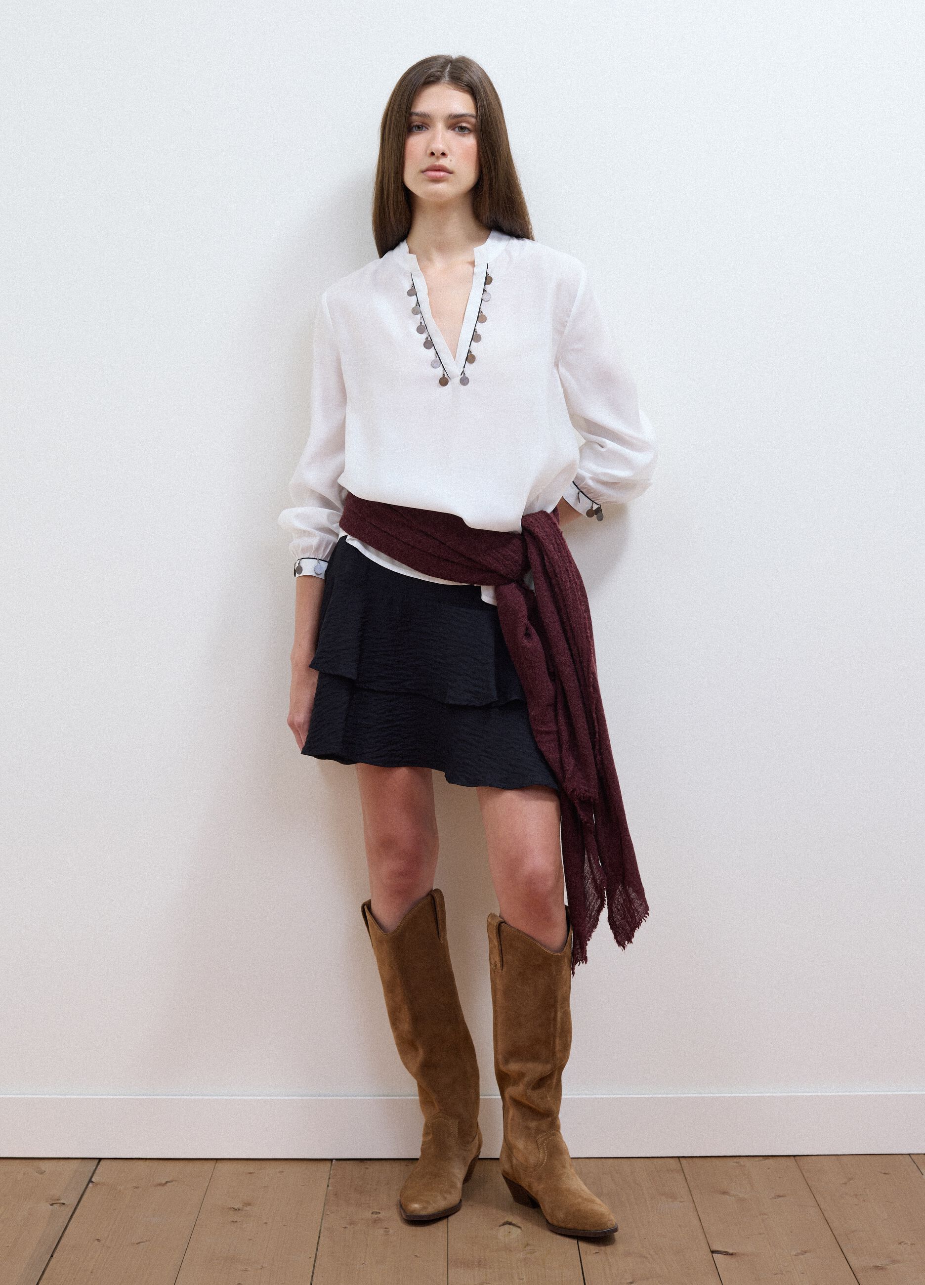 White viscose-blend shirt with charms and V-neck regular fit