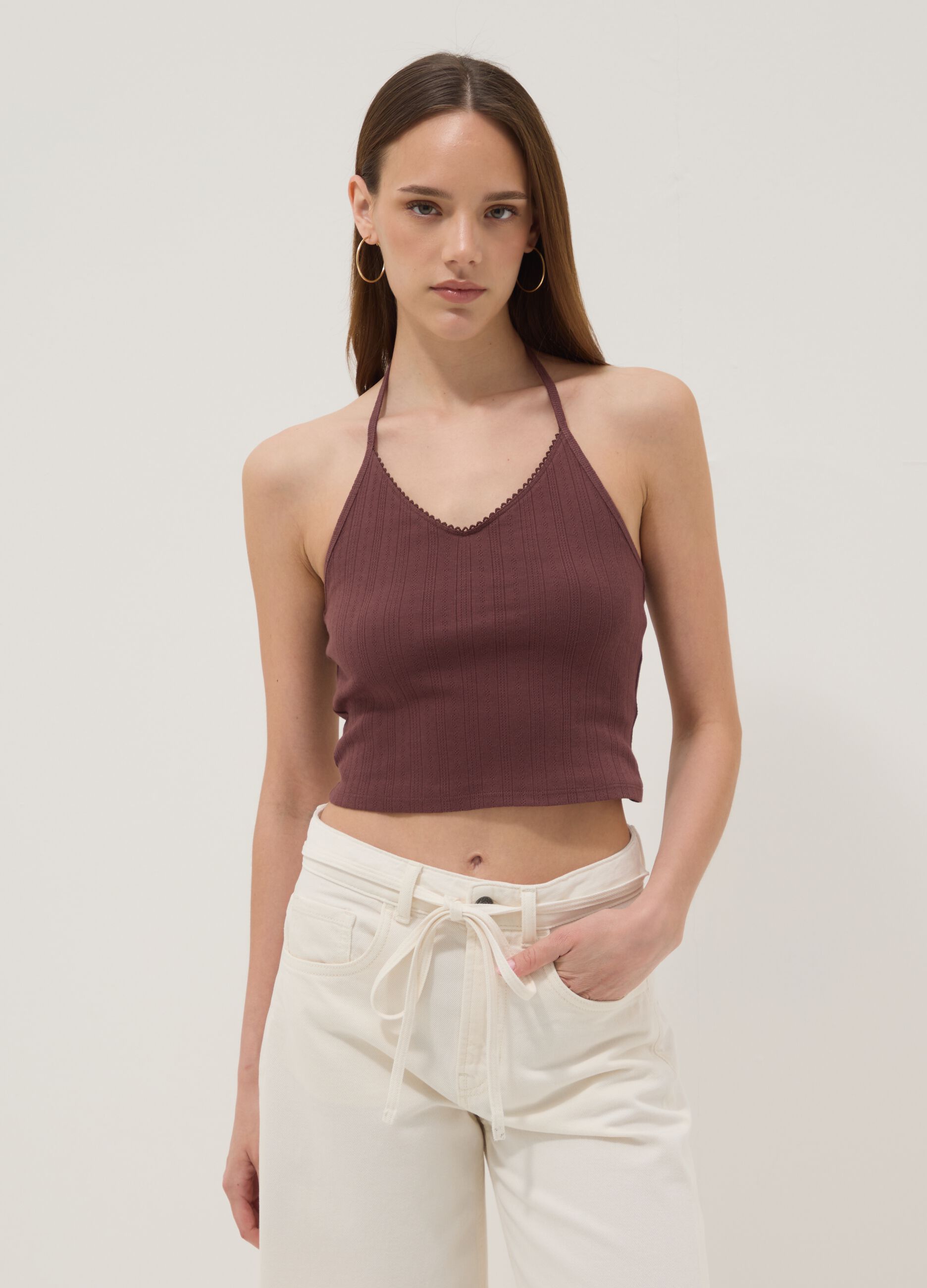 Short brown pure cotton tank top