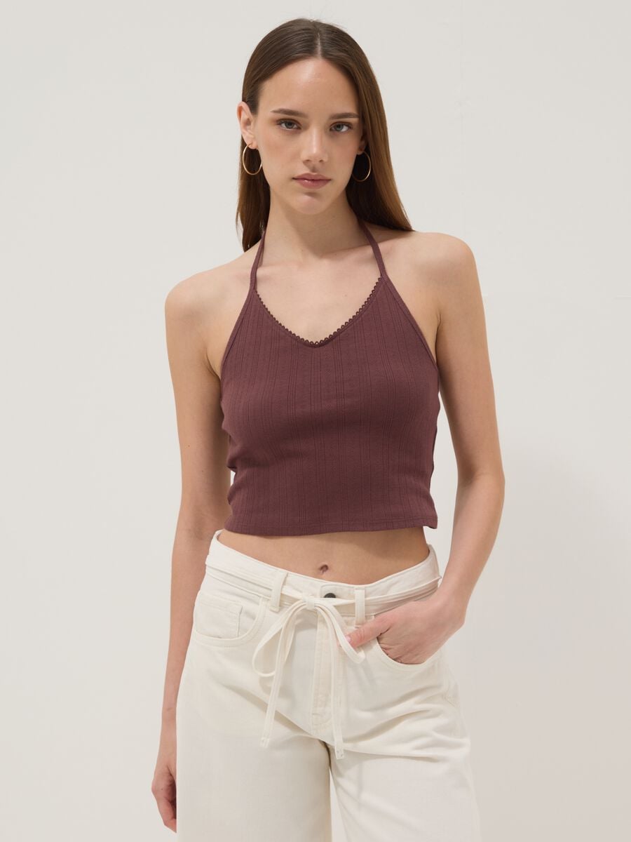 Short brown pure cotton tank top_0