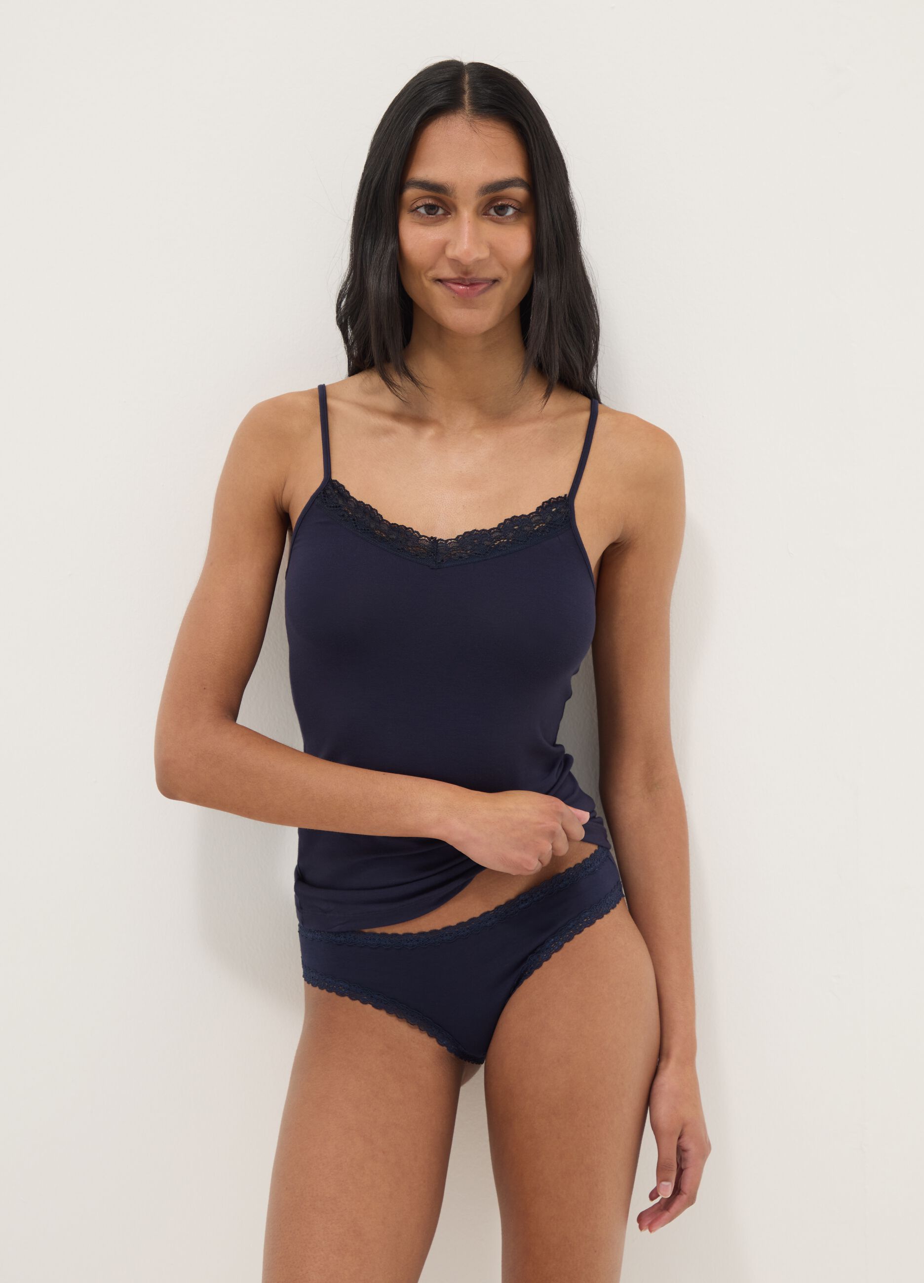 Slip in cotone elasticizzato blu regular fit con pizzo