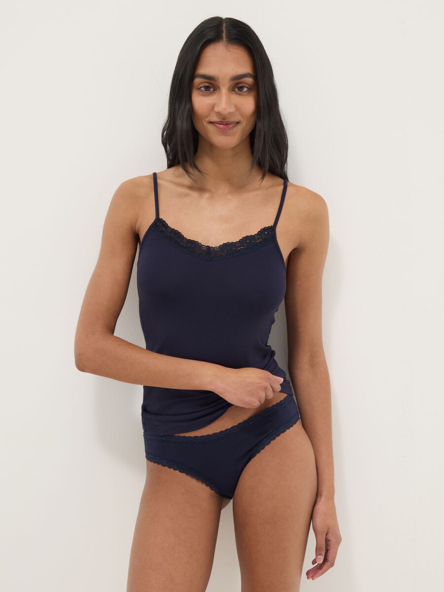 Slip in cotone elasticizzato blu regular fit con pizzo_0
