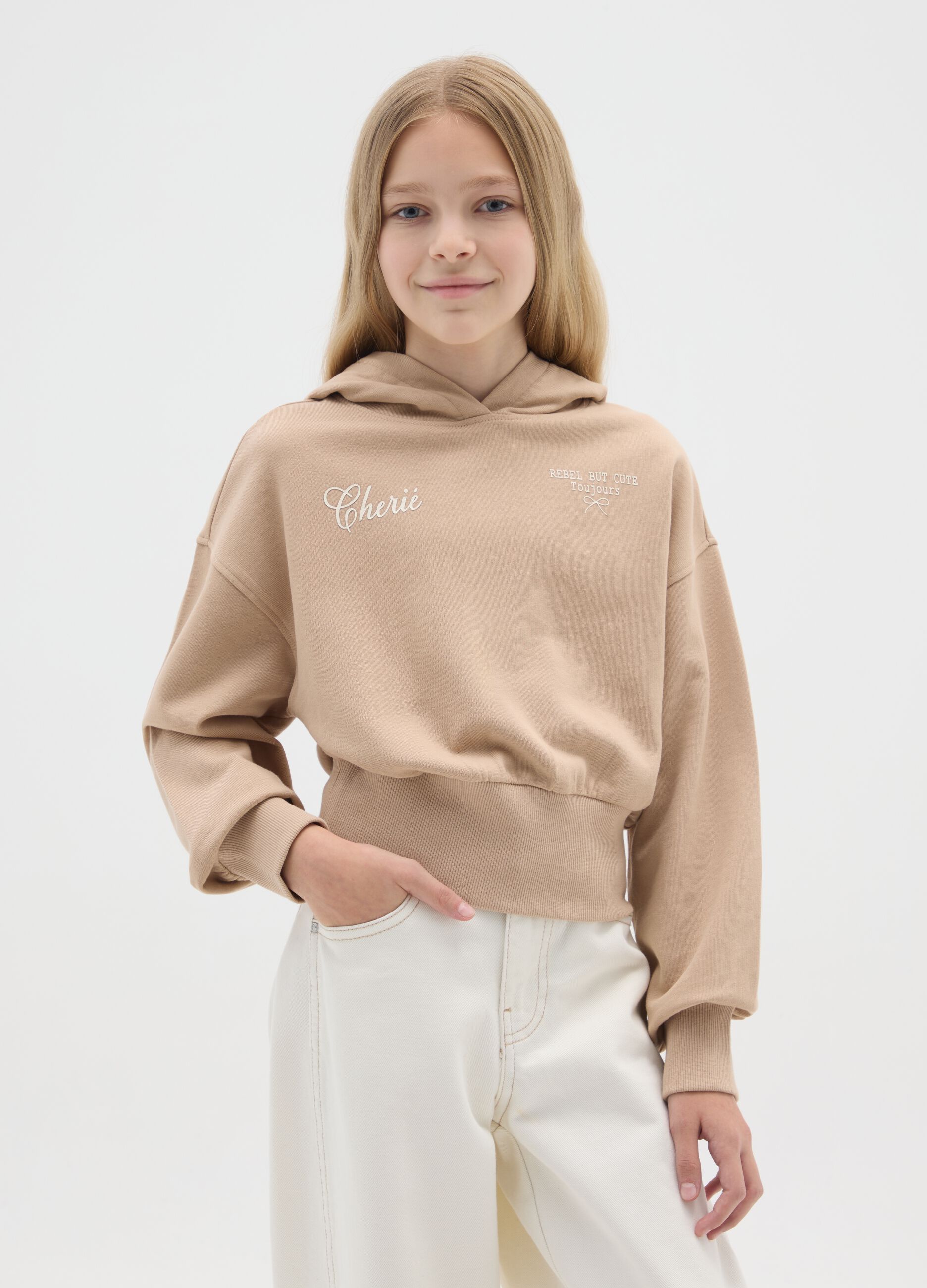Girls' beige cropped sweatshirt in pure cotton regular fit
