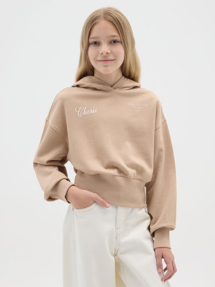 Felpa corta beige da ragazza in puro cotone regular fit_0