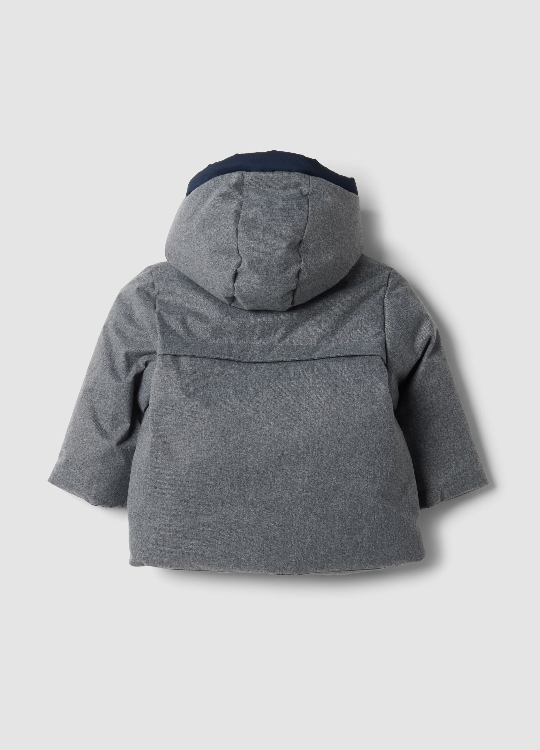 Long grey padded jacket with hood and zip