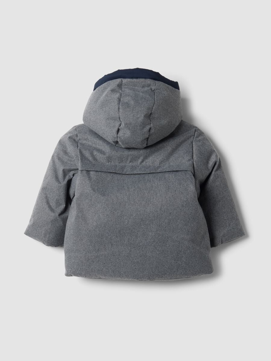 Long grey padded jacket with hood and zip_1
