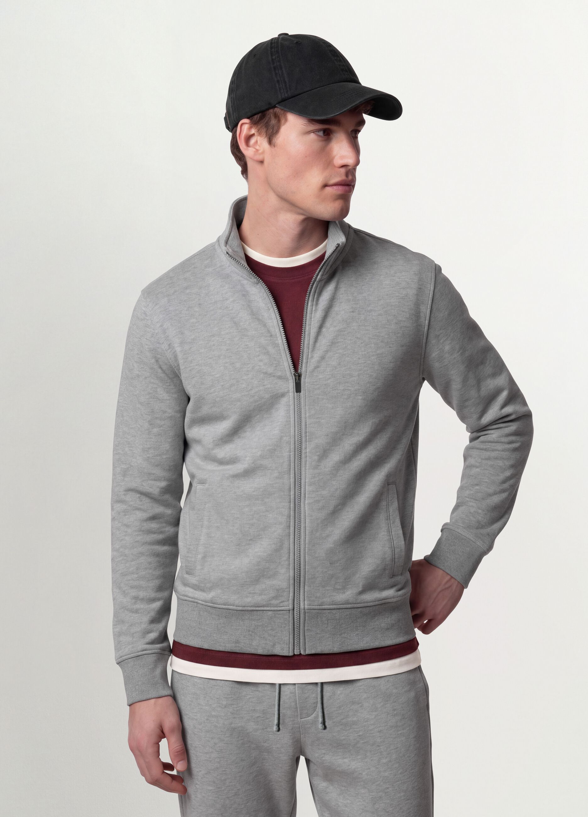 Grey cotton-blend sweatshirt with crew neck and zip, regular fit