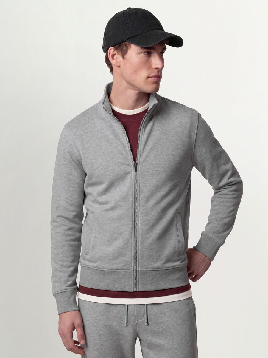 Grey cotton-blend sweatshirt with crew neck and zip, regular fit_0