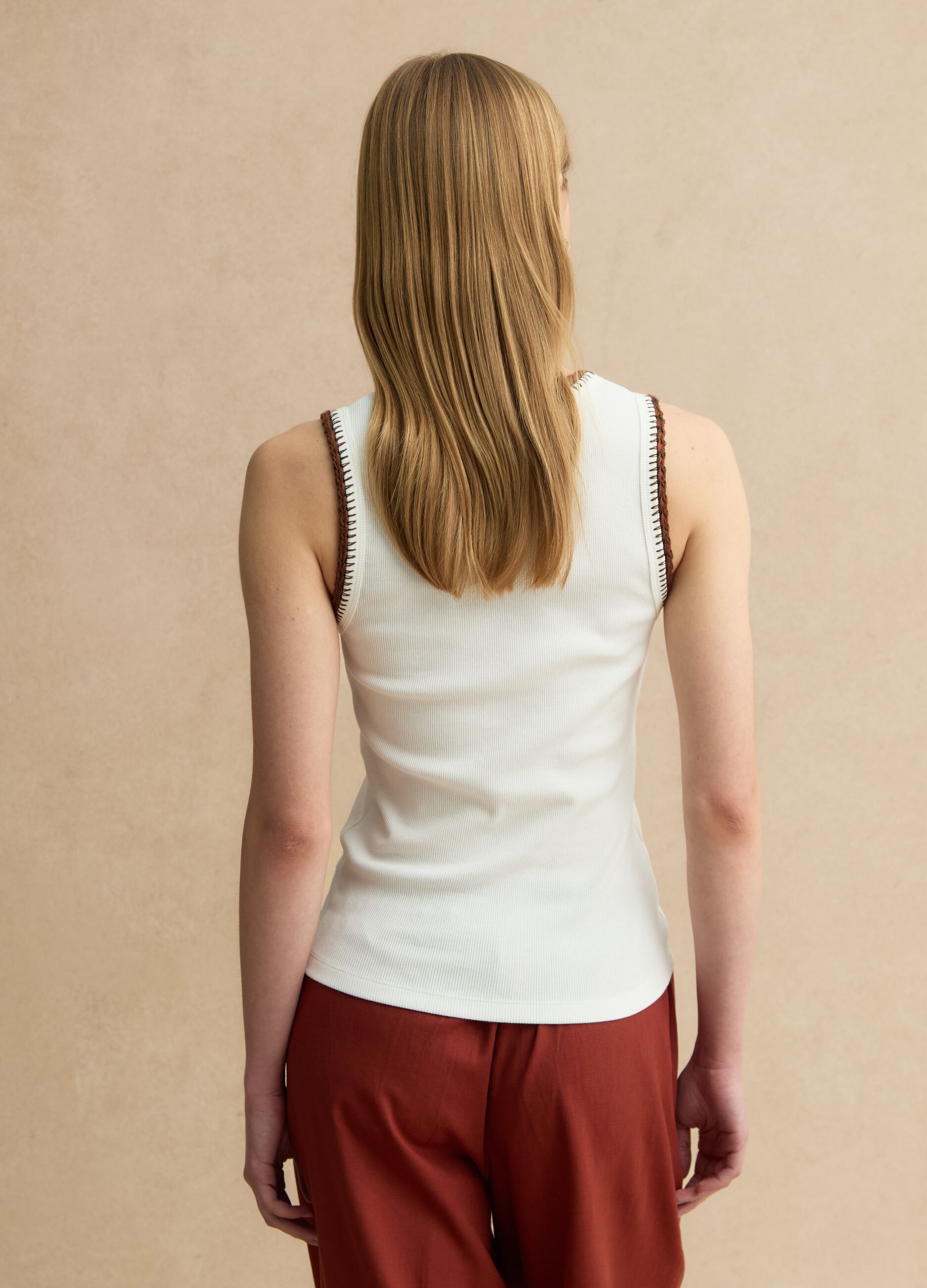 White Stretch Cotton Vest Regular Fit with Embroidered Edges
