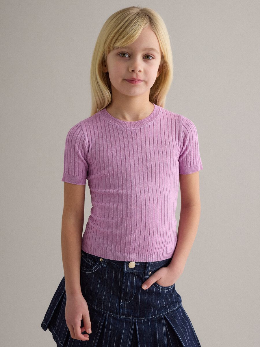 Maglia in misto viscosa viola a coste da bambina regular fit_0