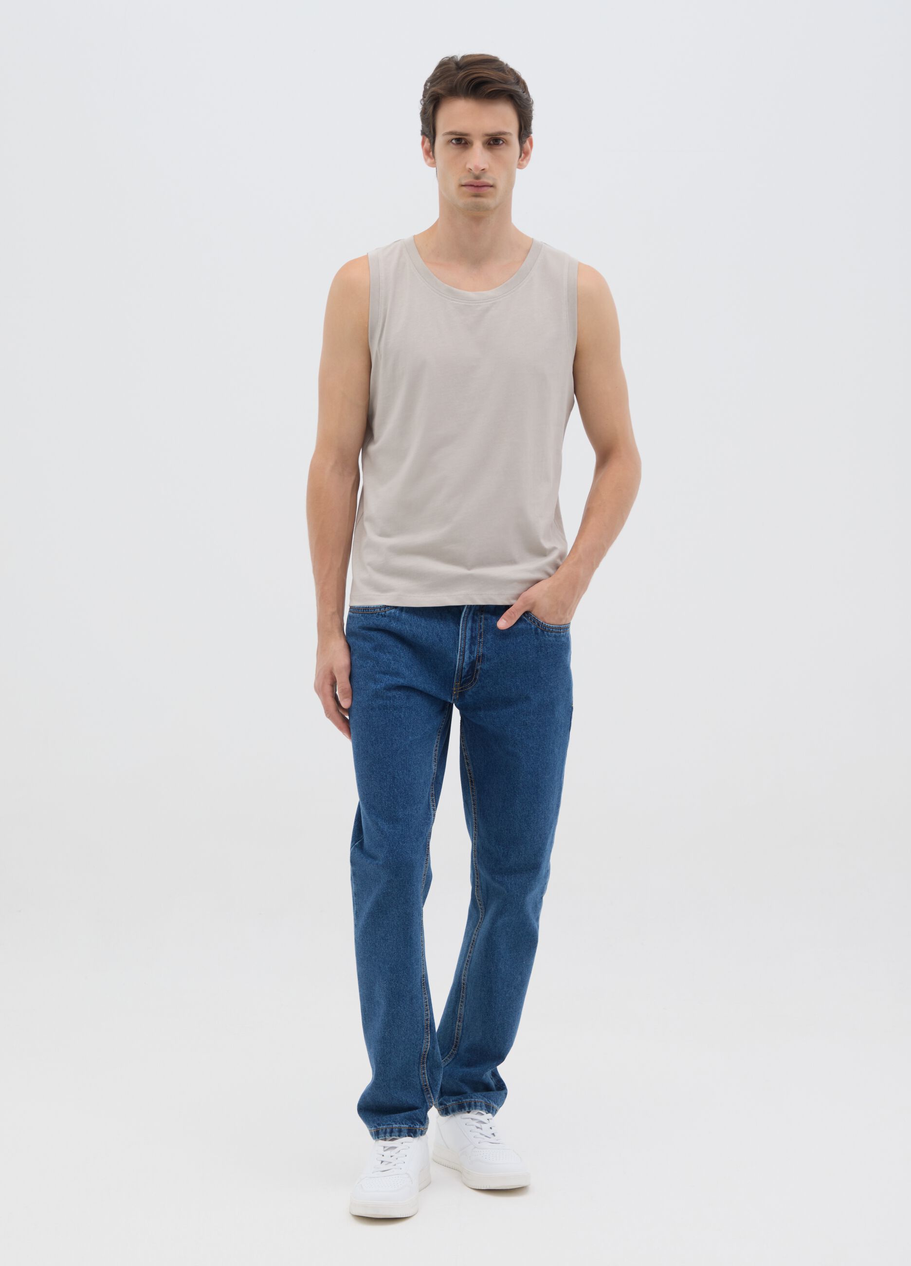 Canotta oversize da uomo in puro cotone beige regular fit