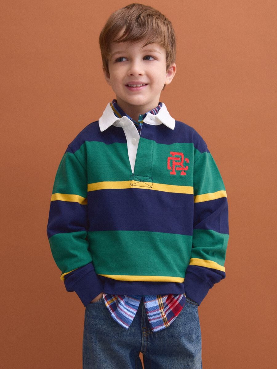 Polo rugby multicolor in puro cotone a righe con colletto classico per bambino_0
