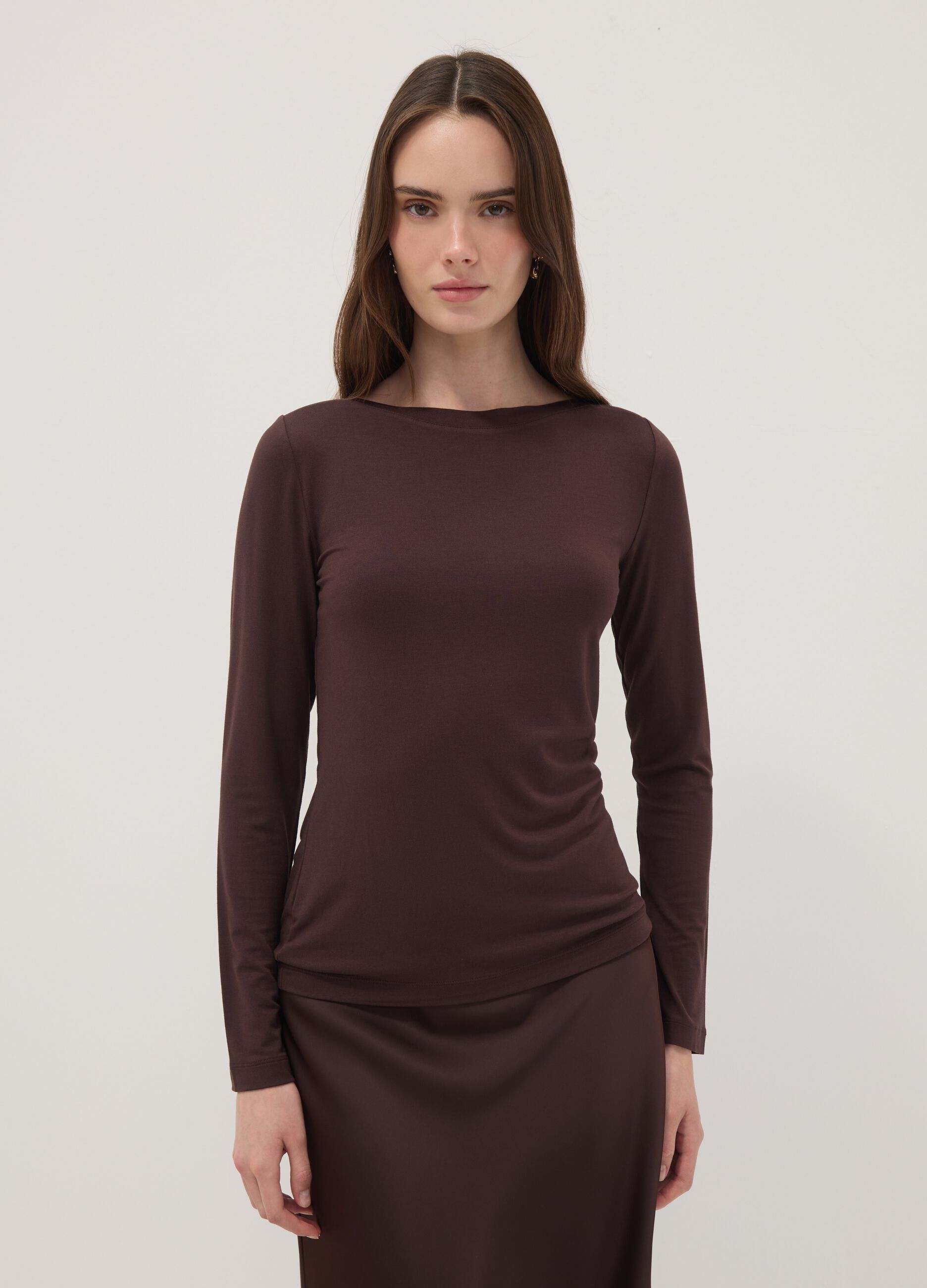 Brown slim-fit stretch viscose T-shirt