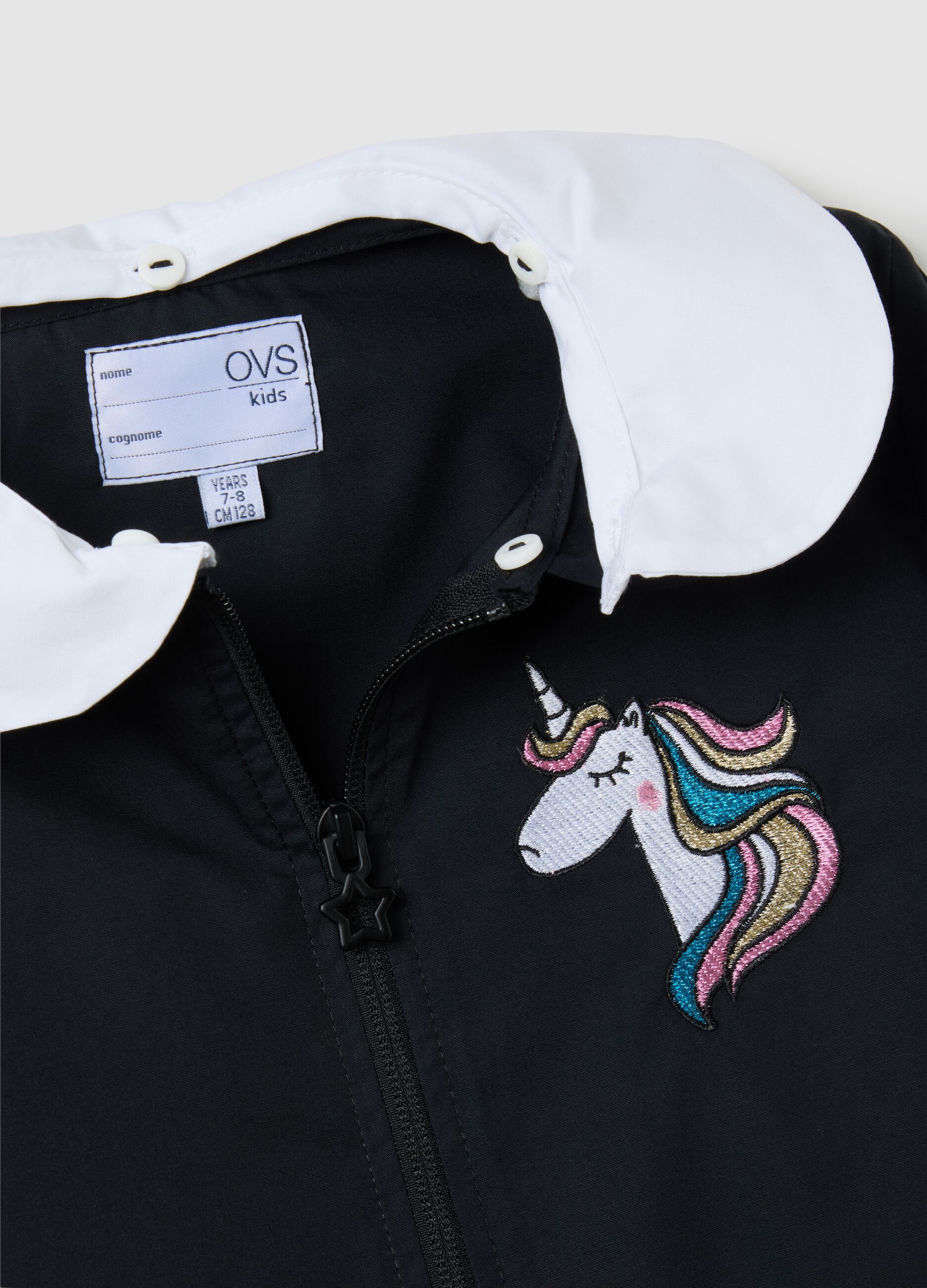 Grembiule scolastico da bambina in misto cotone nero con ricamo unicorno
