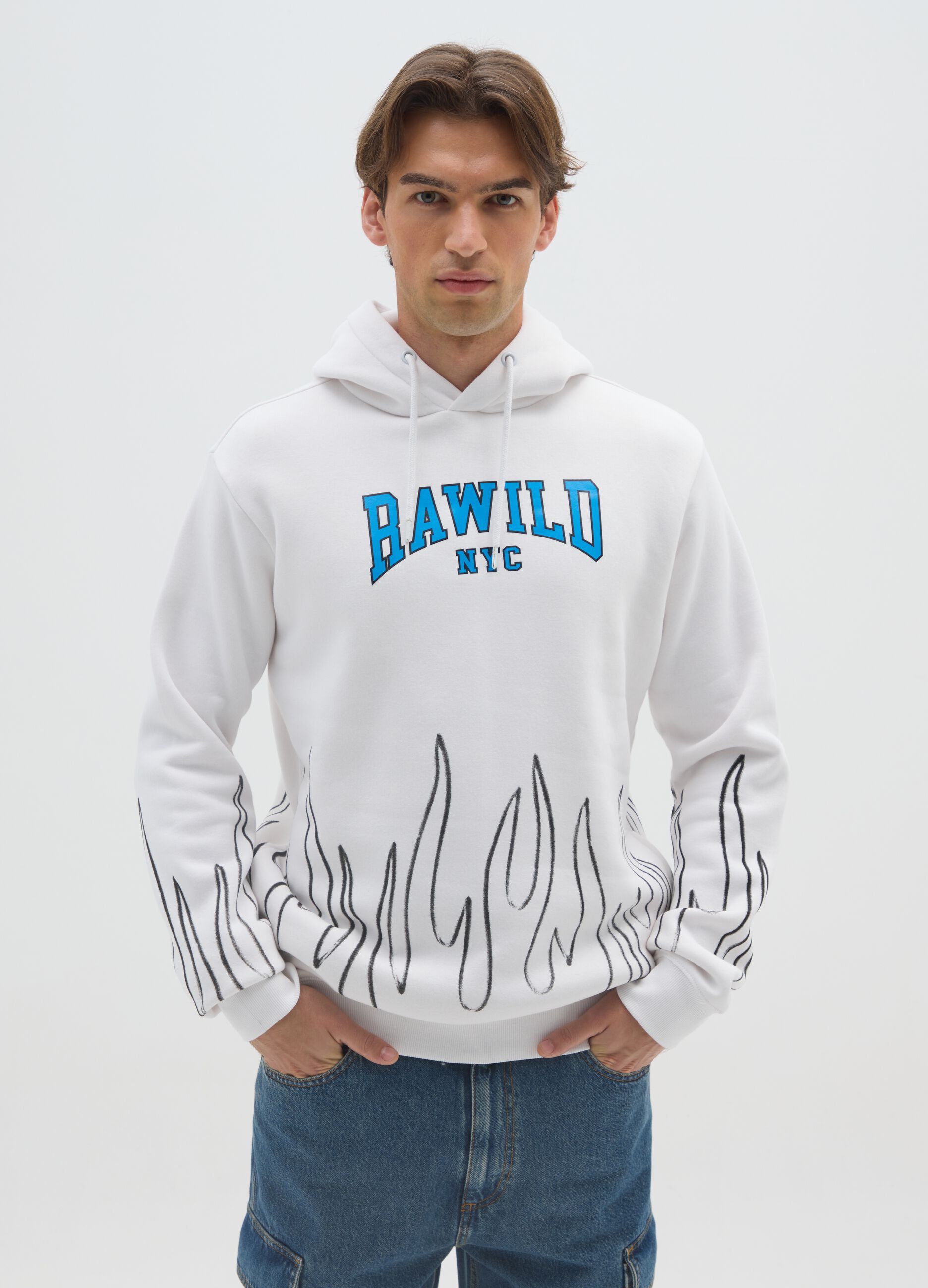 White Cotton Blend Hoodie with Flames