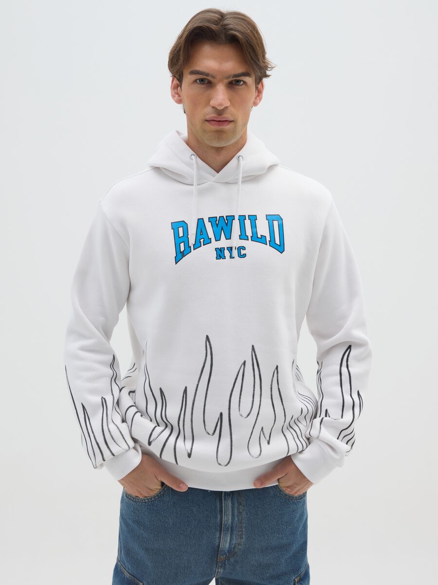 White Cotton Blend Hoodie with Flames_0