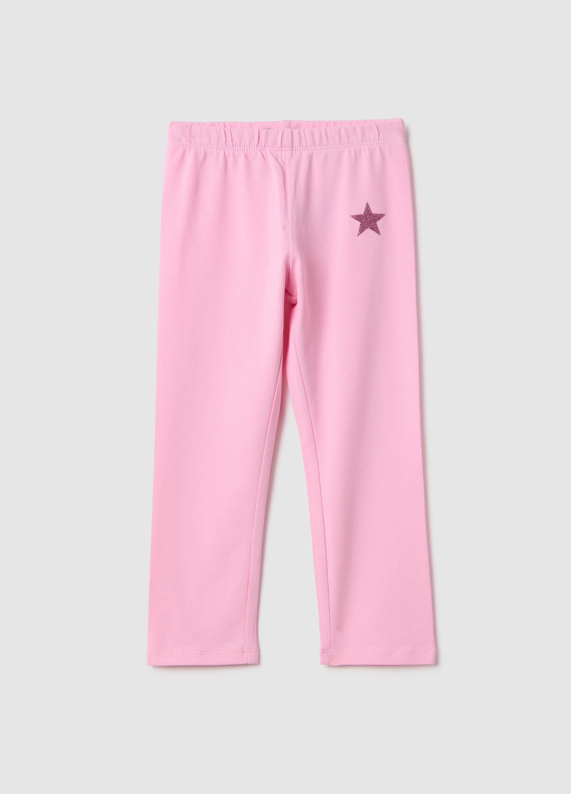 Slim fit pink elasticated cotton leggings for girls with star detail