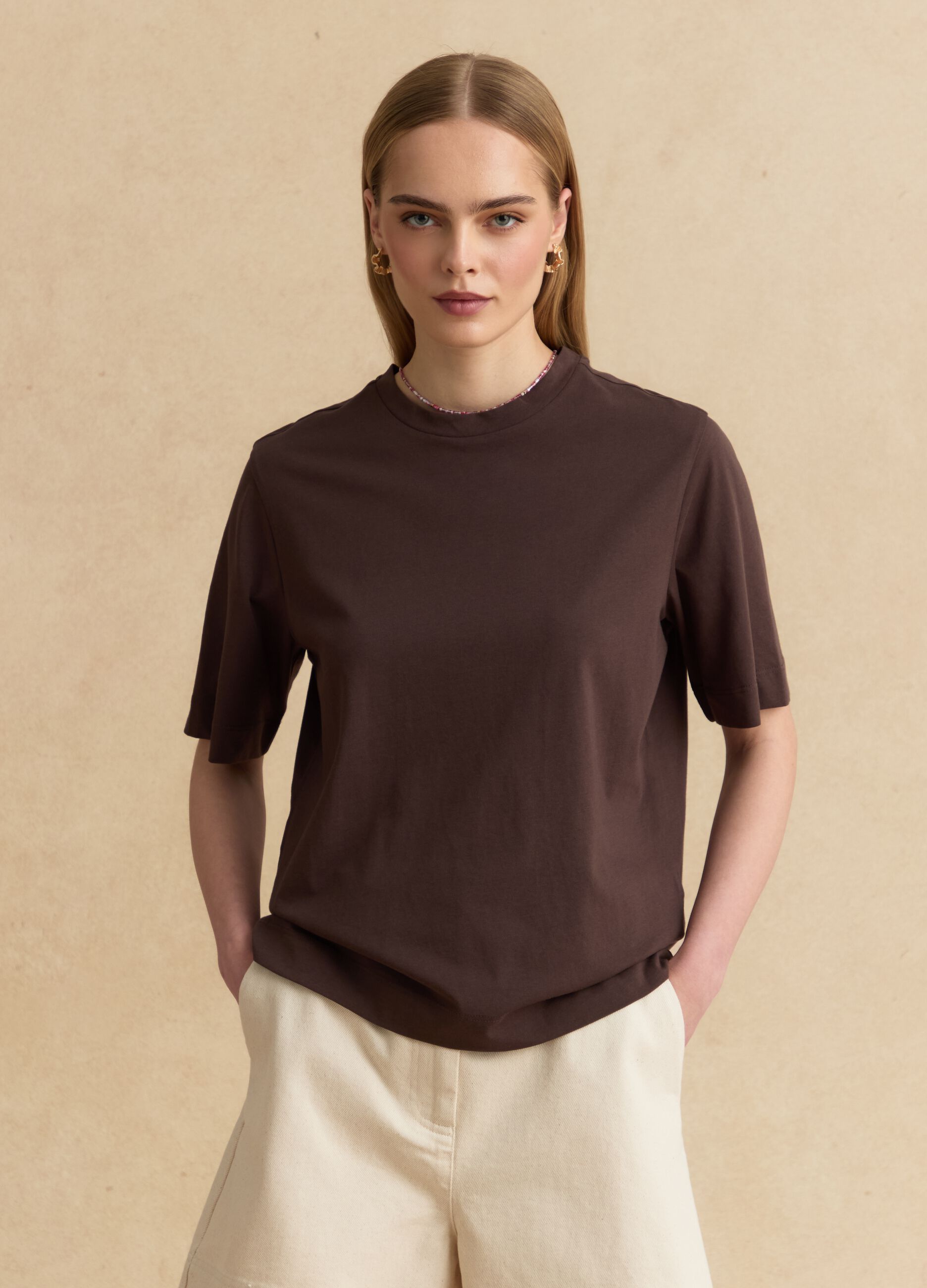 Brown pure cotton short-sleeve T-shirt