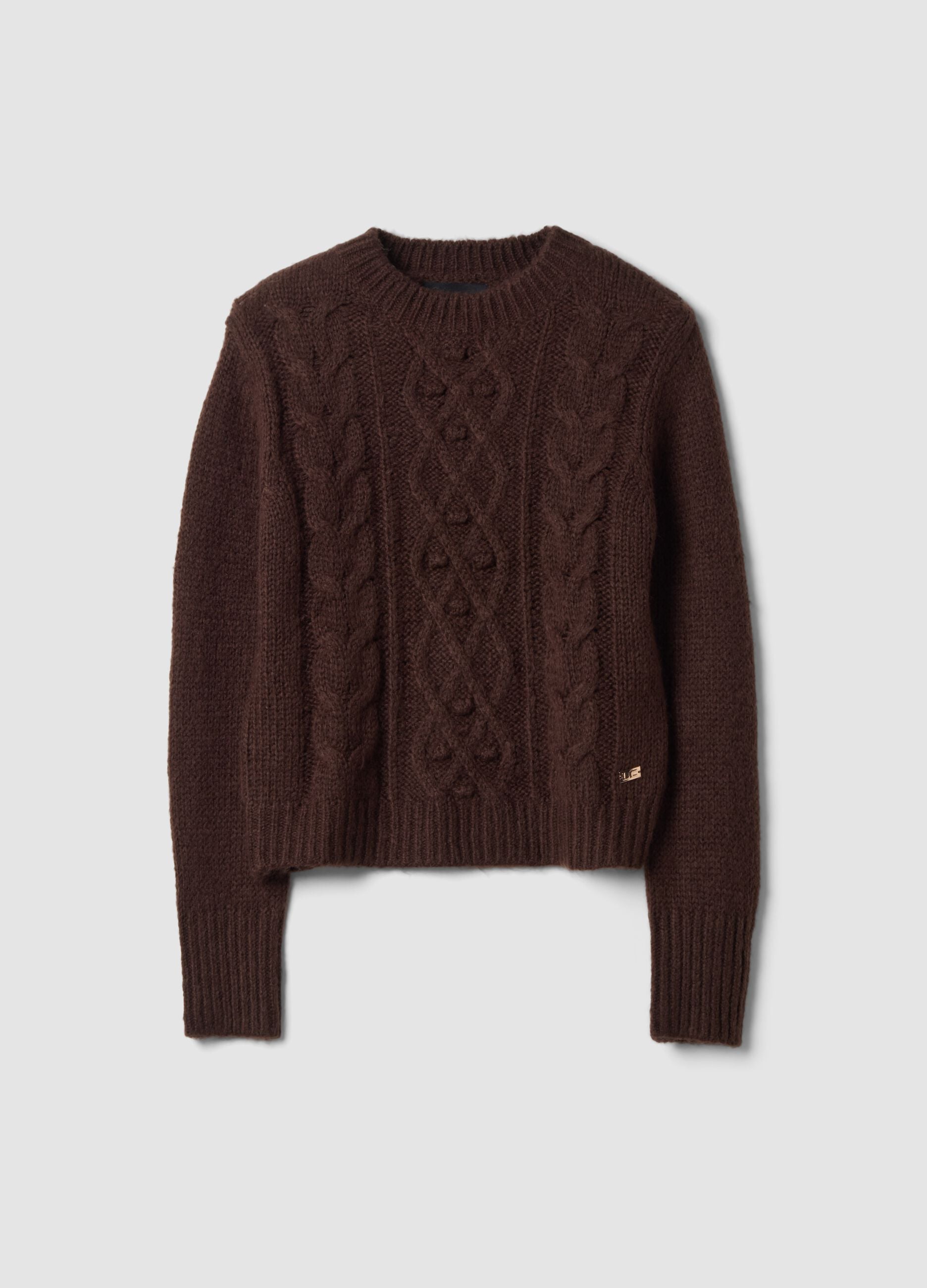 Brown crew-neck cable-knit wool-blend jumper, regular fit