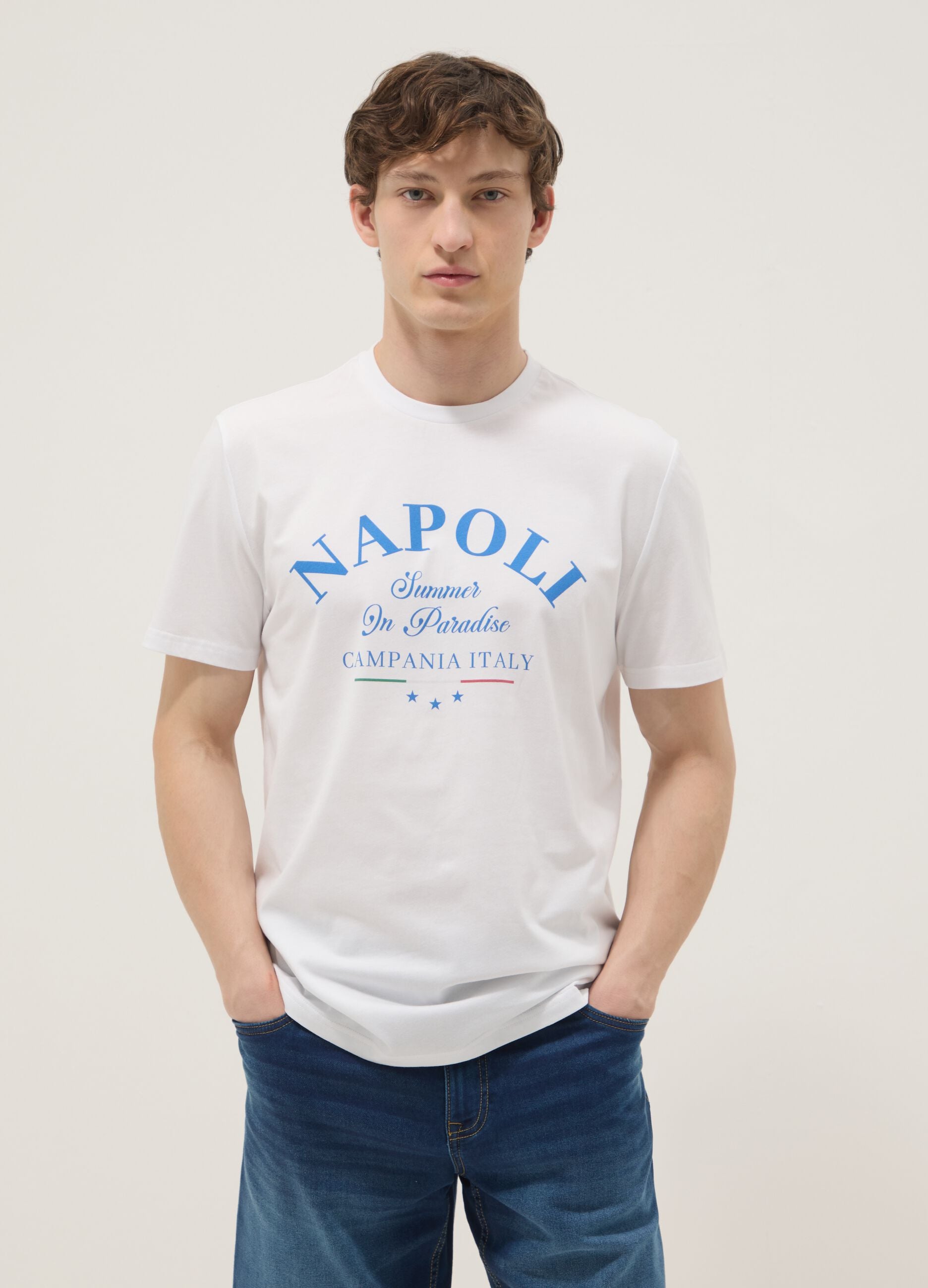 White pure cotton T-shirt with print, regular fit