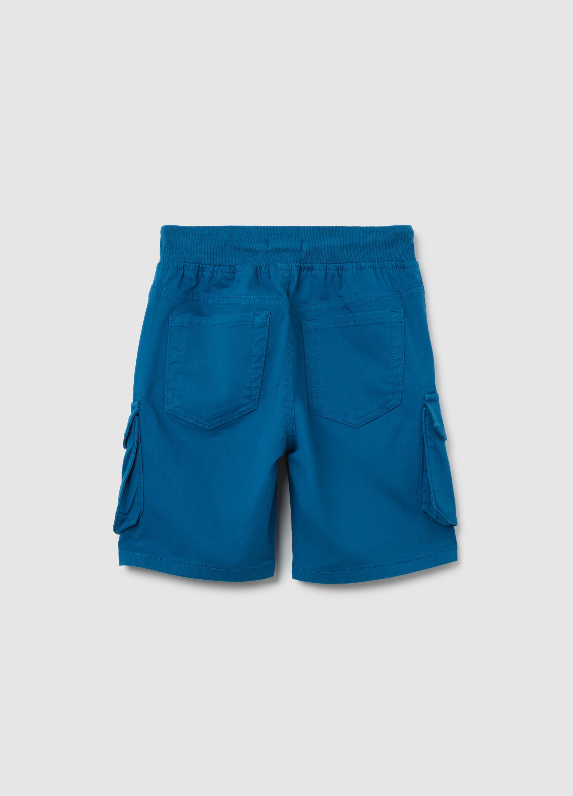 Boys' blue stretch cotton shorts, regular fit with side pockets