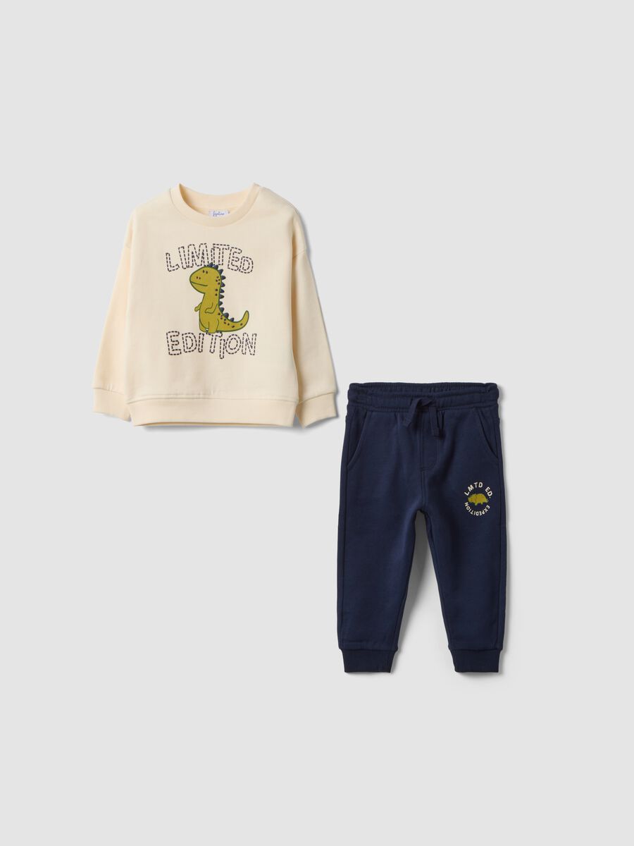 Beige pure cotton jogging set with crew neck_0