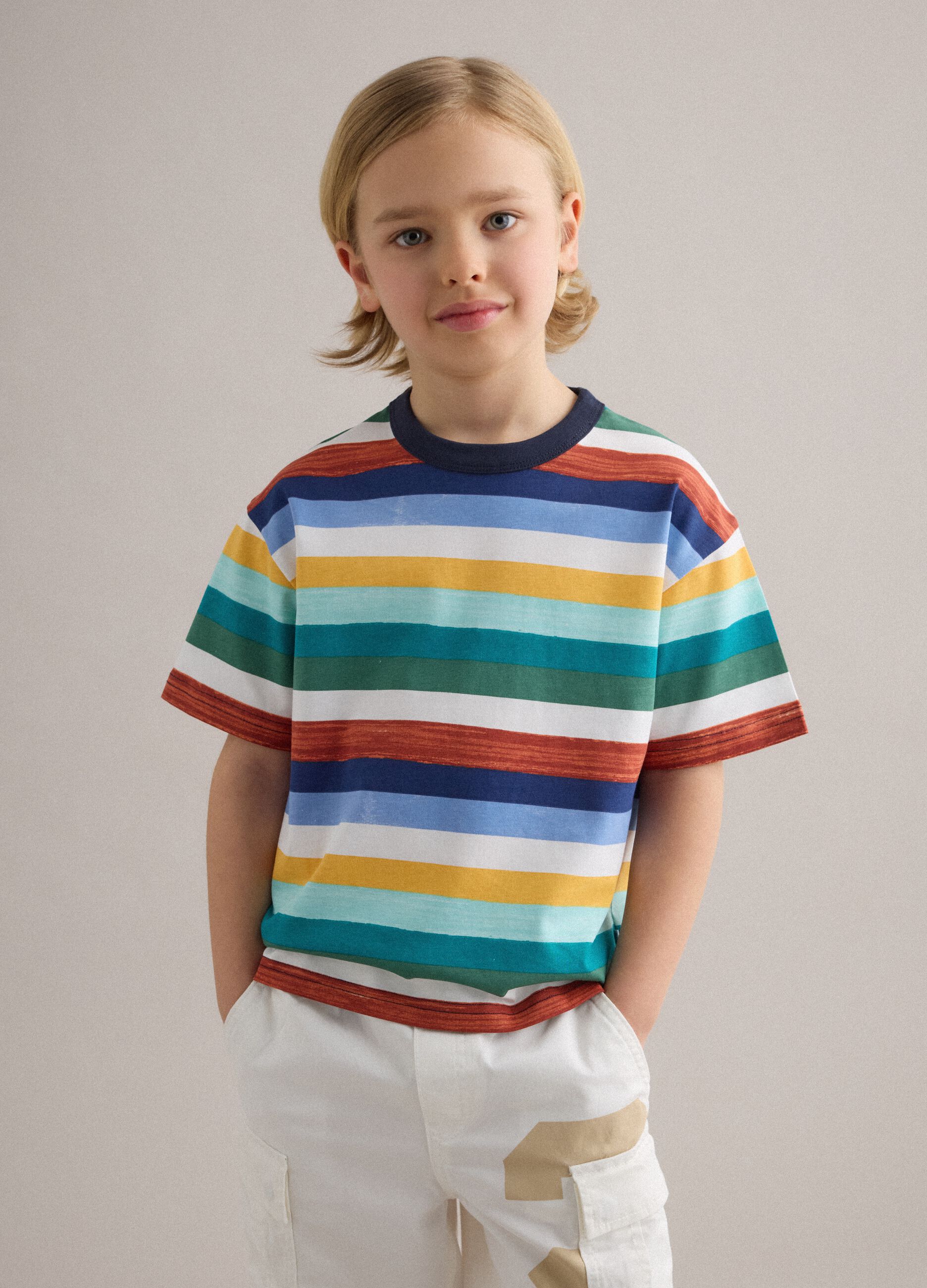 Boys' Regular Fit Multicoloured Striped Pure Cotton T-shirt
