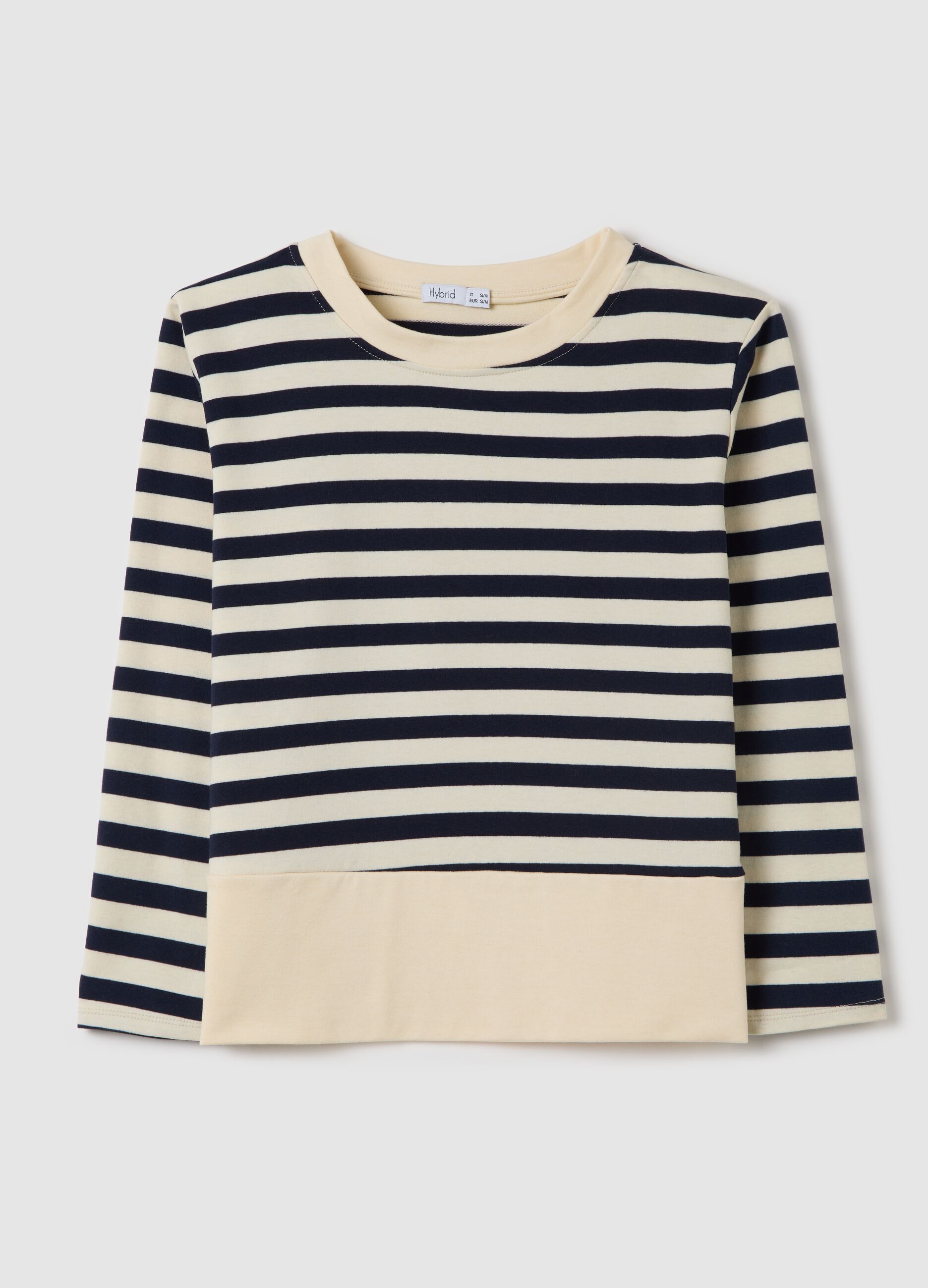 Blue and white striped top with long sleeves