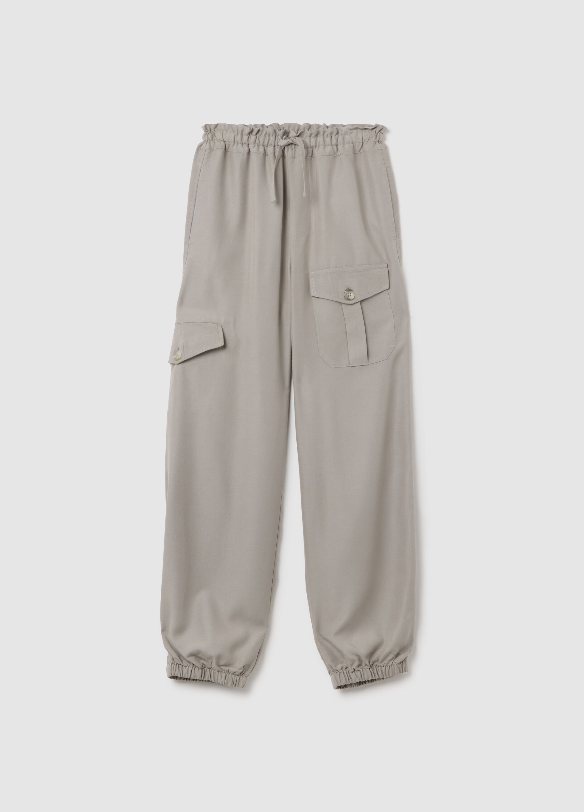 Girls' beige viscose blend regular fit jogger trousers with cargo pockets