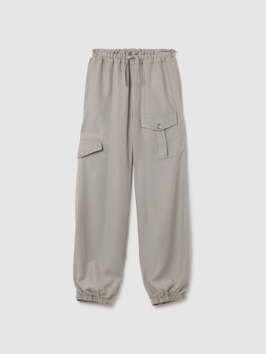 Girls' beige viscose blend regular fit jogger trousers with cargo pockets_0