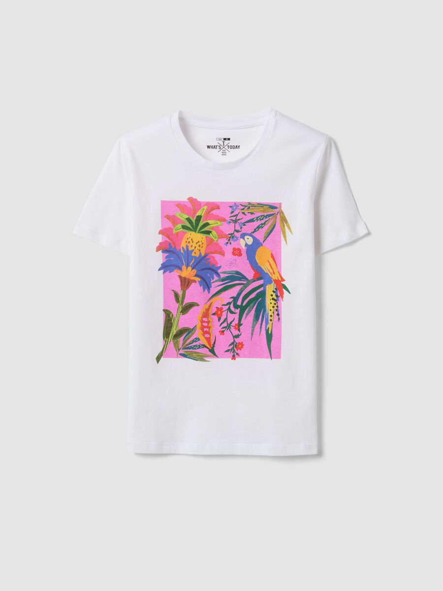 White pure cotton T-shirt with tropical print_4