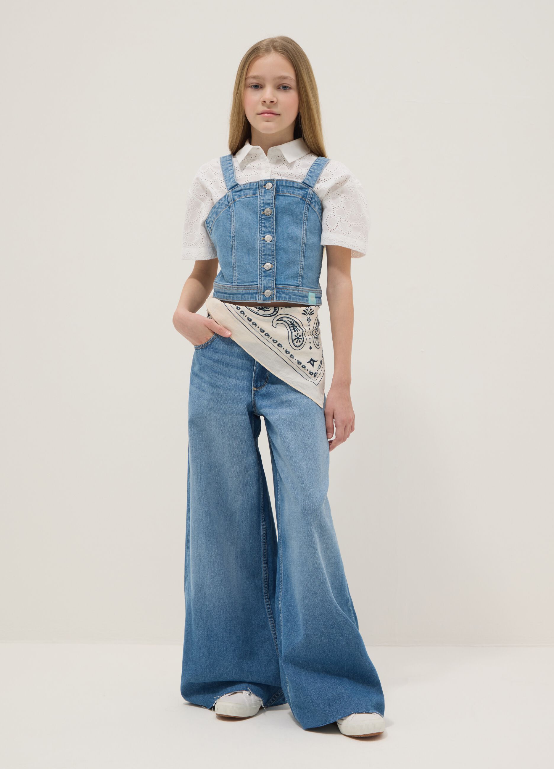 Girls' wide leg denim blue pure cotton jeans