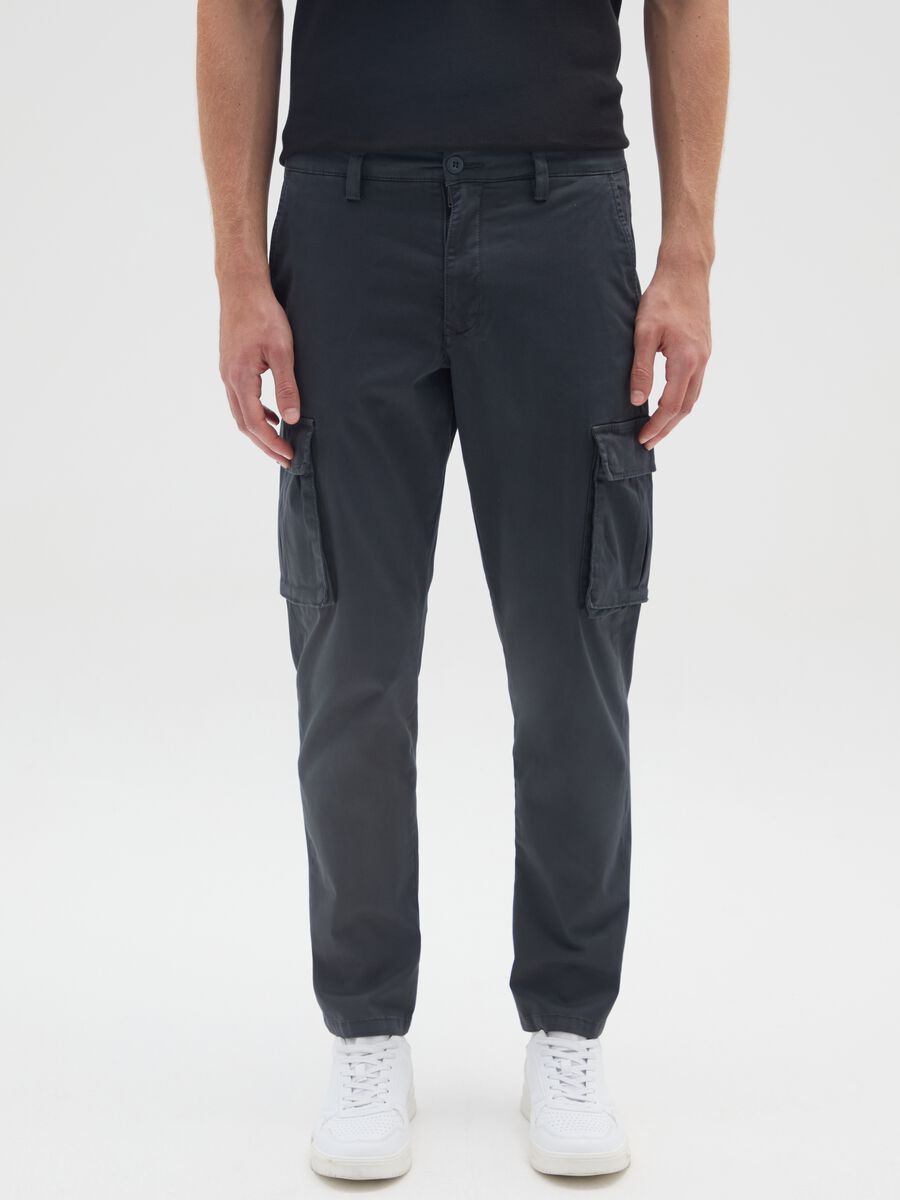 Black Regular Fit Stretch Cotton Cargo Trousers_1