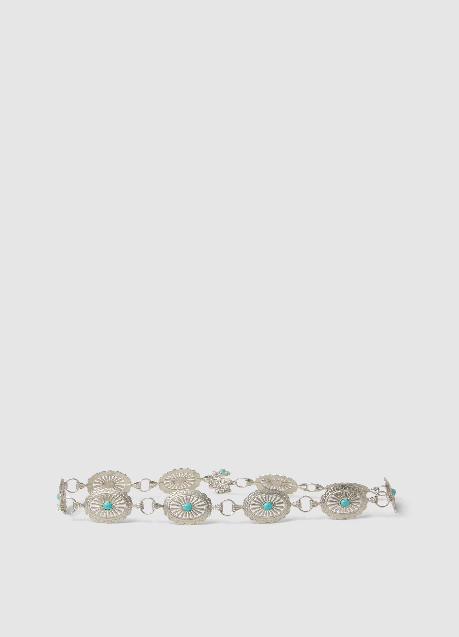 Silver-tone metal belt with turquoise stones
