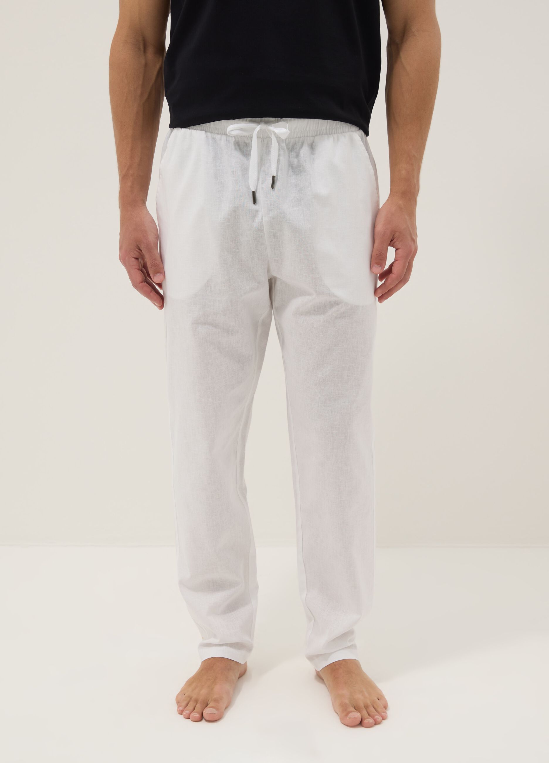 White cotton-linen blend pyjama trousers with relaxed fit