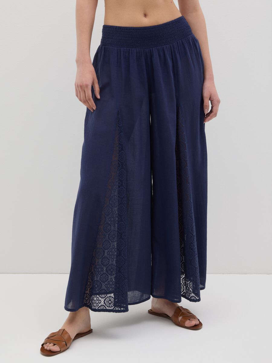 Women's wide blue pure cotton trousers_1