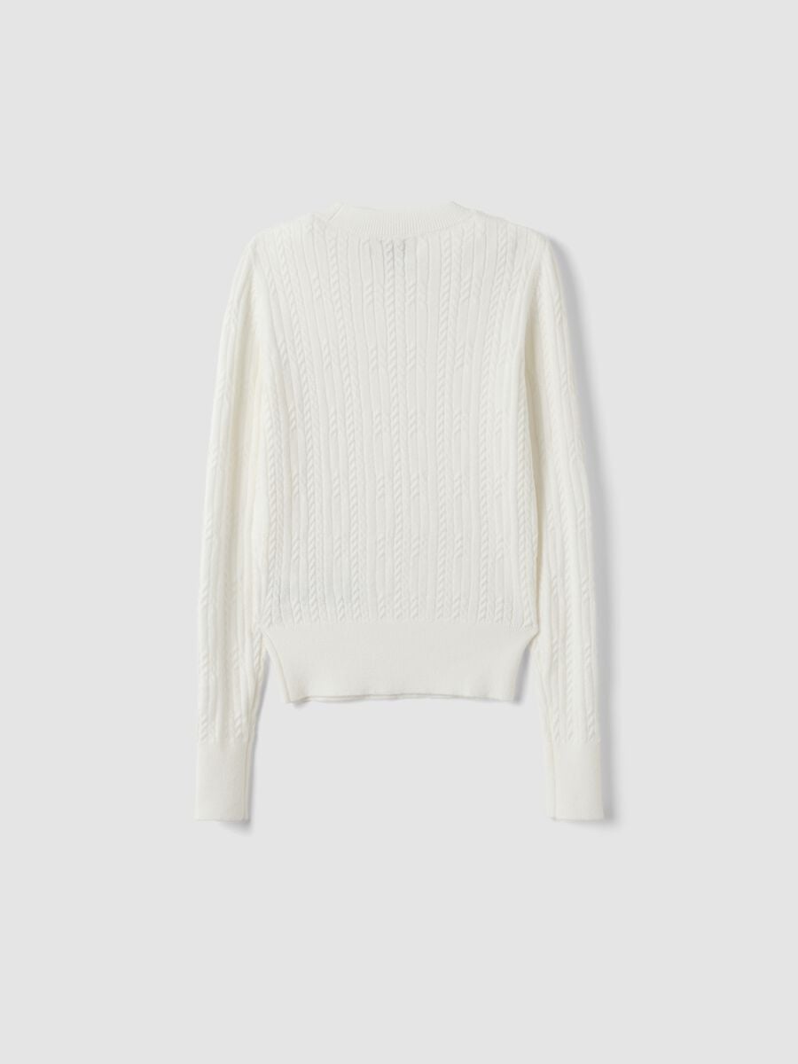 Maglia fitted bianca in misto viscosa a trecce con girocollo per ragazza_4