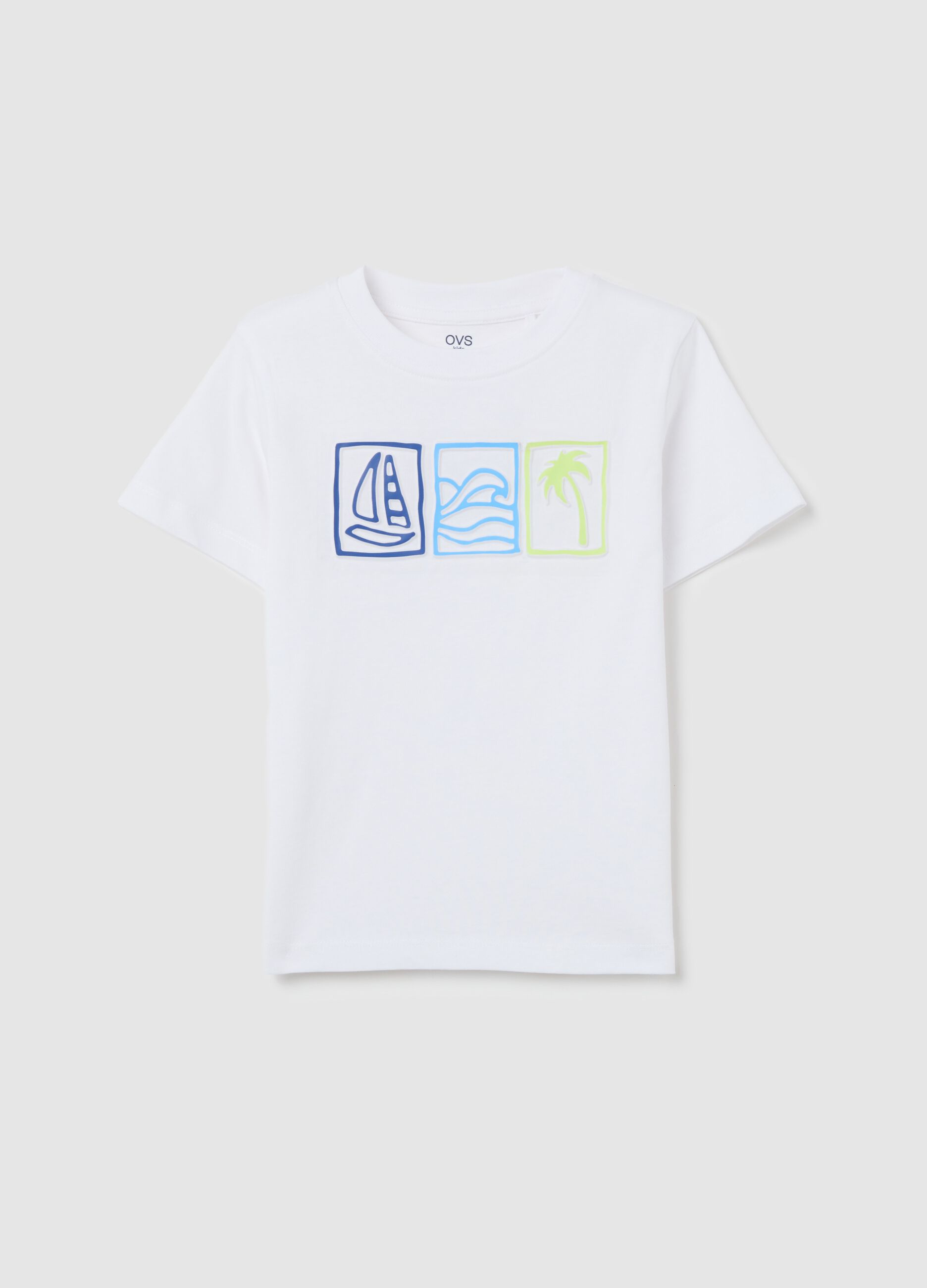 White T-shirt in cotton with sea motif print