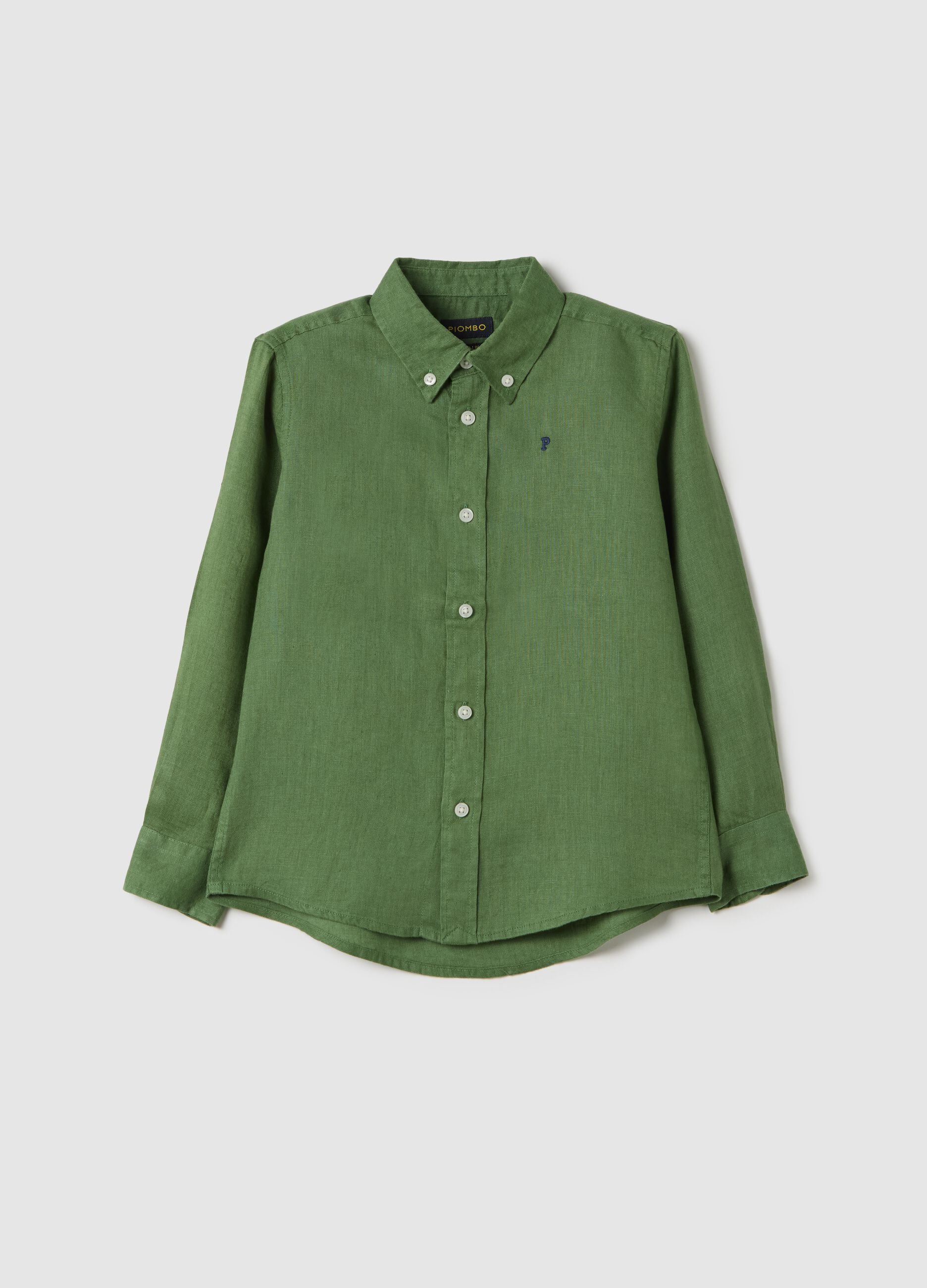 Camicia verde in lino con ricamo logo