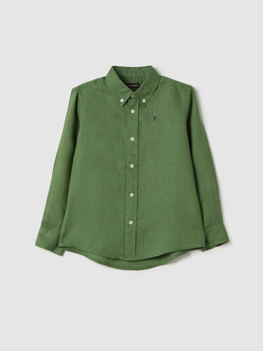 Green linen shirt with logo embroidery_3
