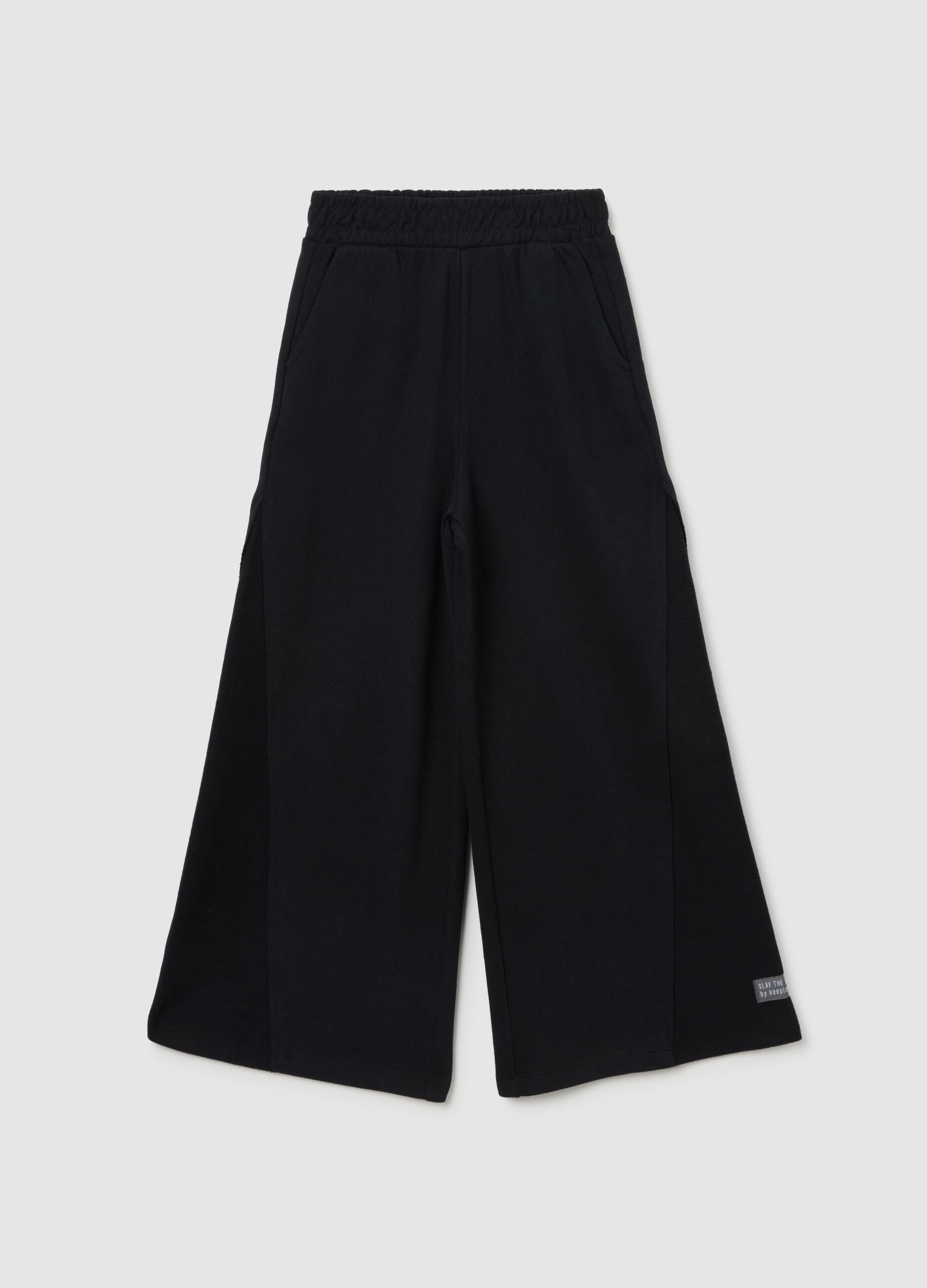 Girls' wide leg black cotton blend trousers