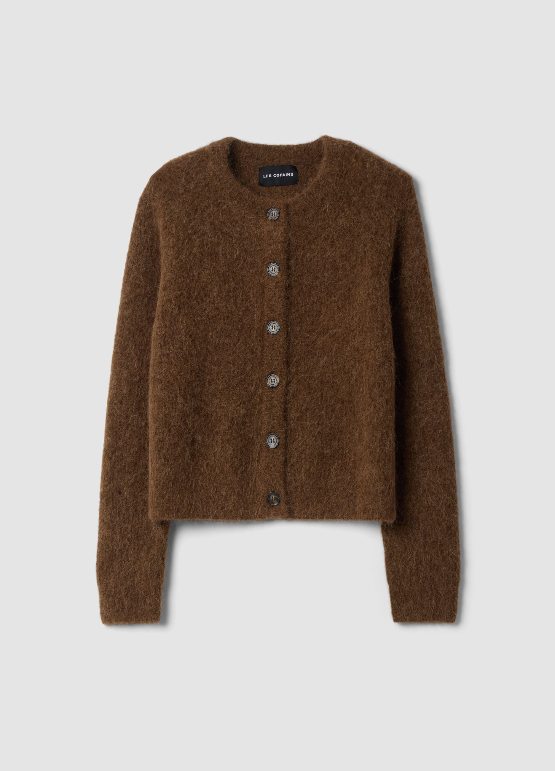 Brown crew-neck alpaca and stretch wool cardigan