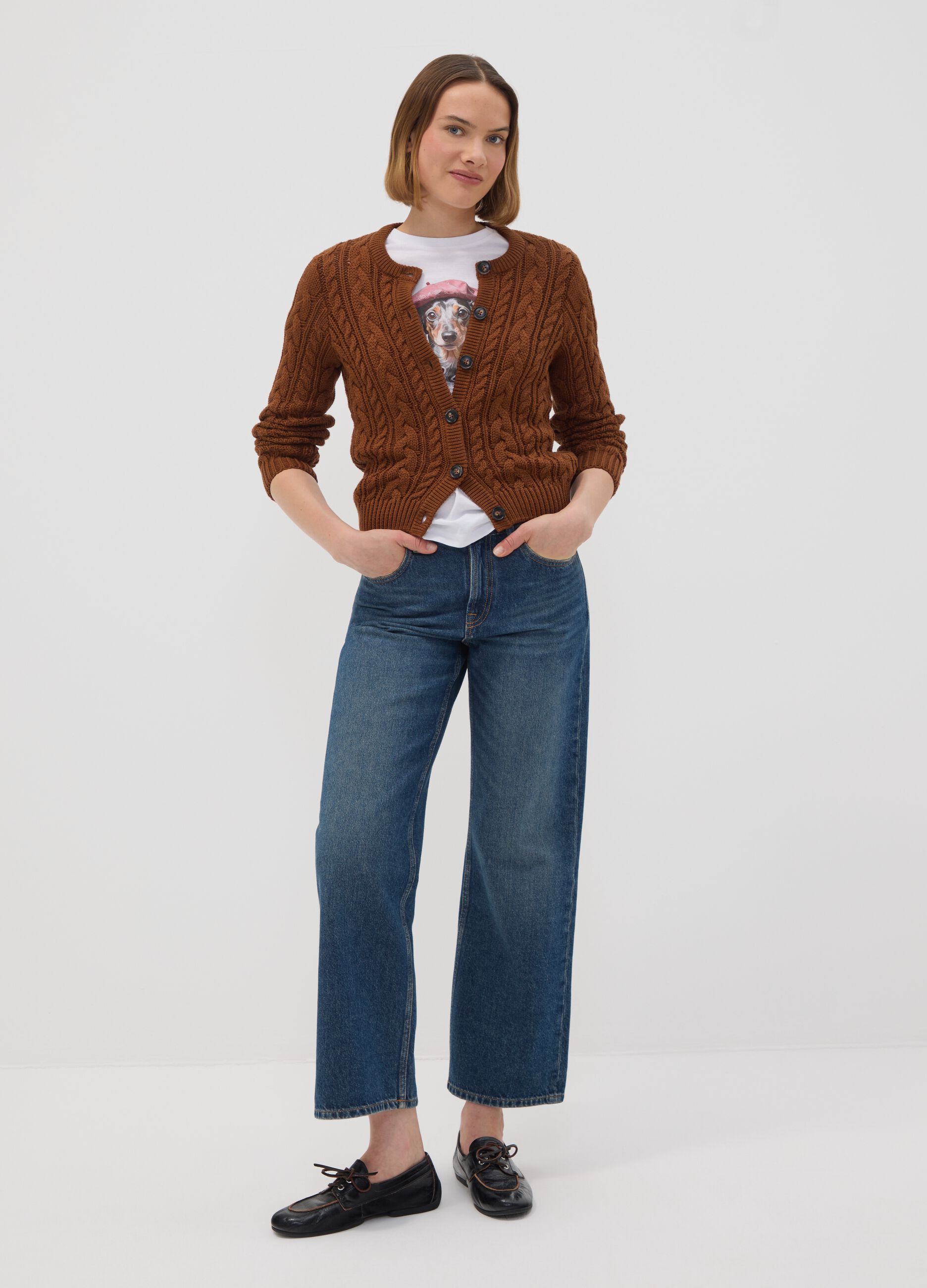 Brown cable-knit cotton-blend cardigan, regular fit