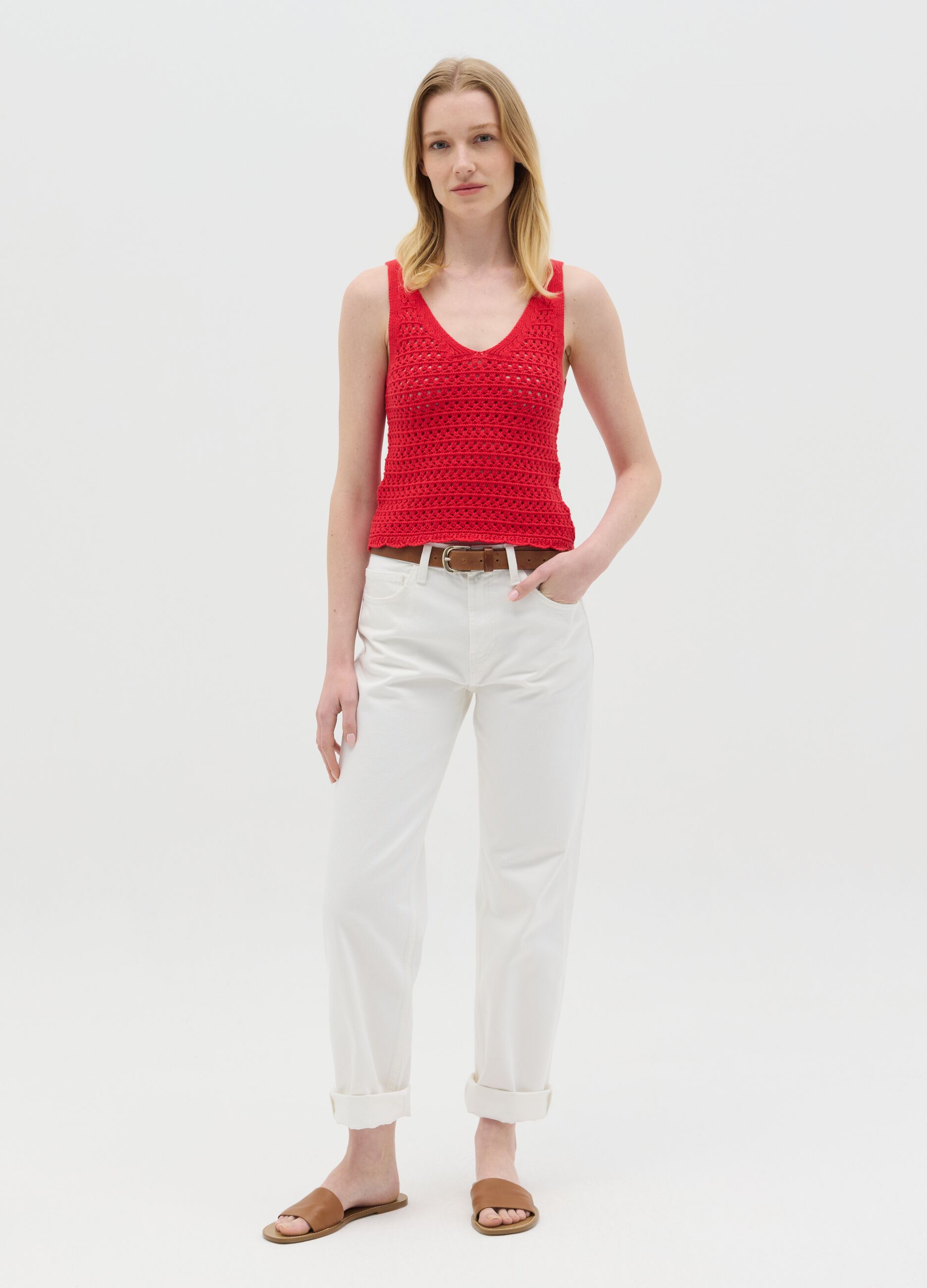 Tank top crochet con scollo a V rosso