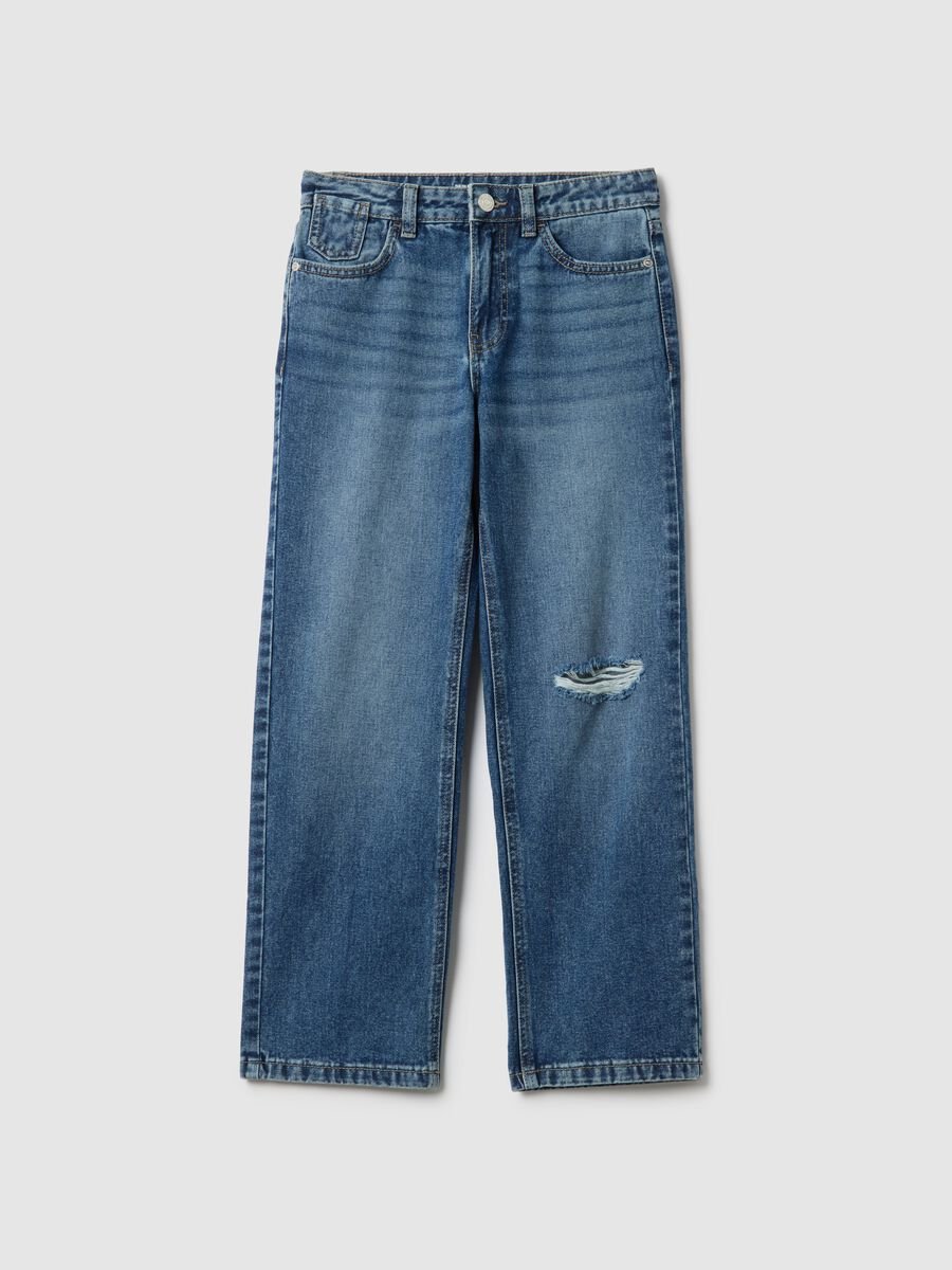 Jeans in puro cotone blu da ragazza regular fit con strappi_3